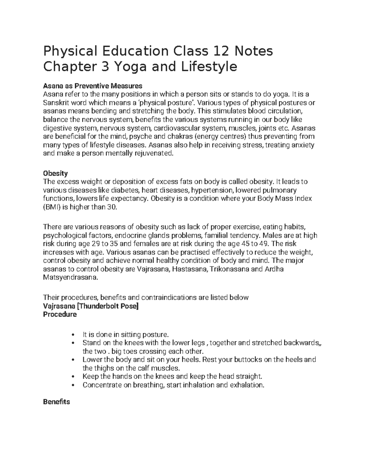 Physical Education Class 12 Notes Chapter 3 Yoga And Lifestyle Physical Education Class 12