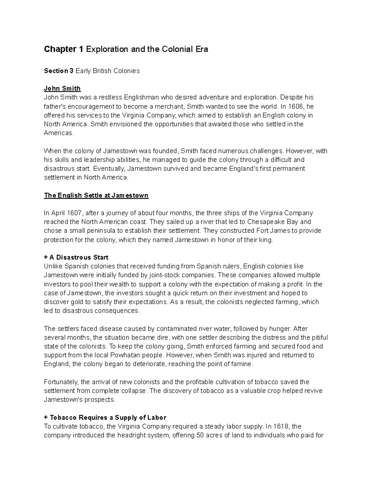 US History 11th 1 Chapter 1 Exploration and the Colonial Era Section 3 Early British Colonies