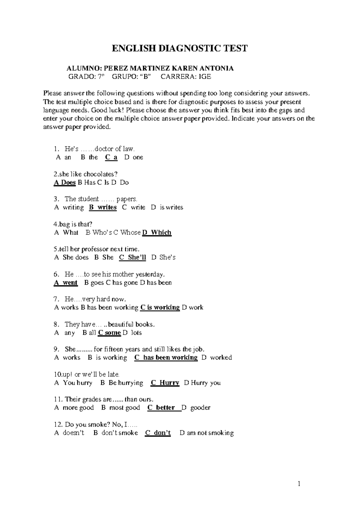 Diagnostic English Test Perez Martínez Karen ENGLISH DIAGNOSTIC TEST