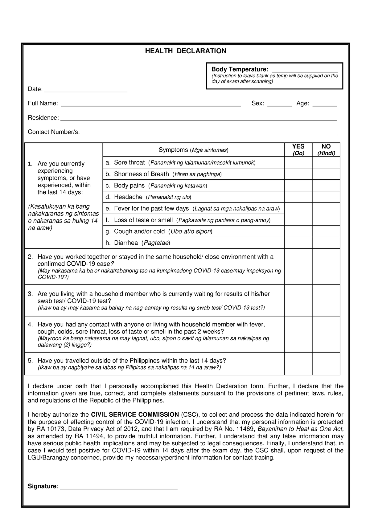 Annex B Health Declaration Form A1 Whole Page A Health Declaration Date 7413