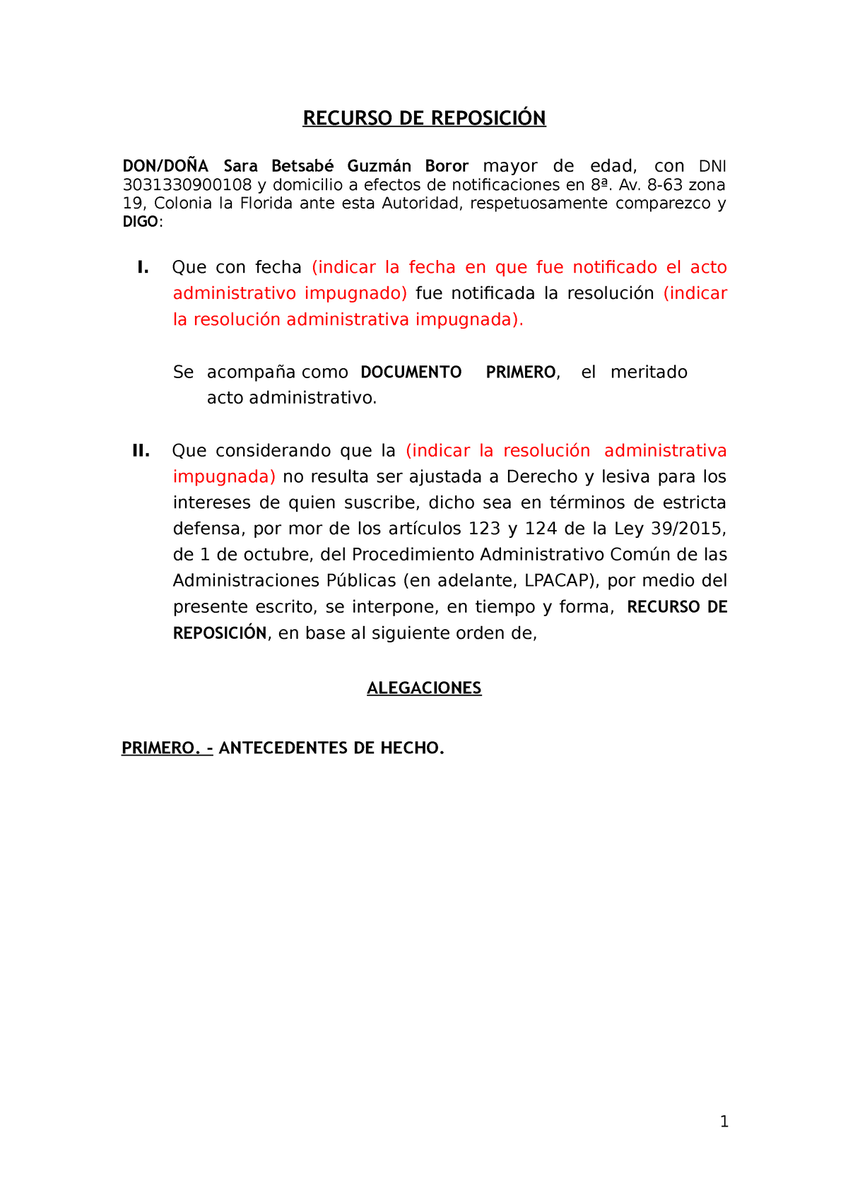 Modelo De Recurso De Reposicion - 1 RECURSO DE REPOSICIÓN DON/DOÑA Sara ...