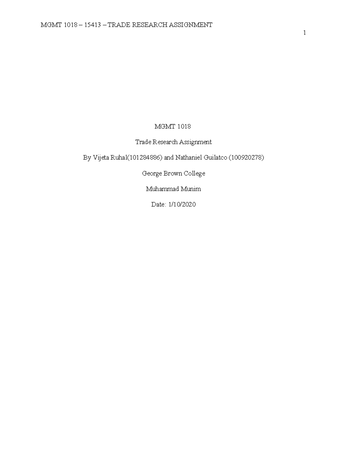 Trade Research Assignment 11 - 1 MGMT 1018 Trade Research Assignment By ...