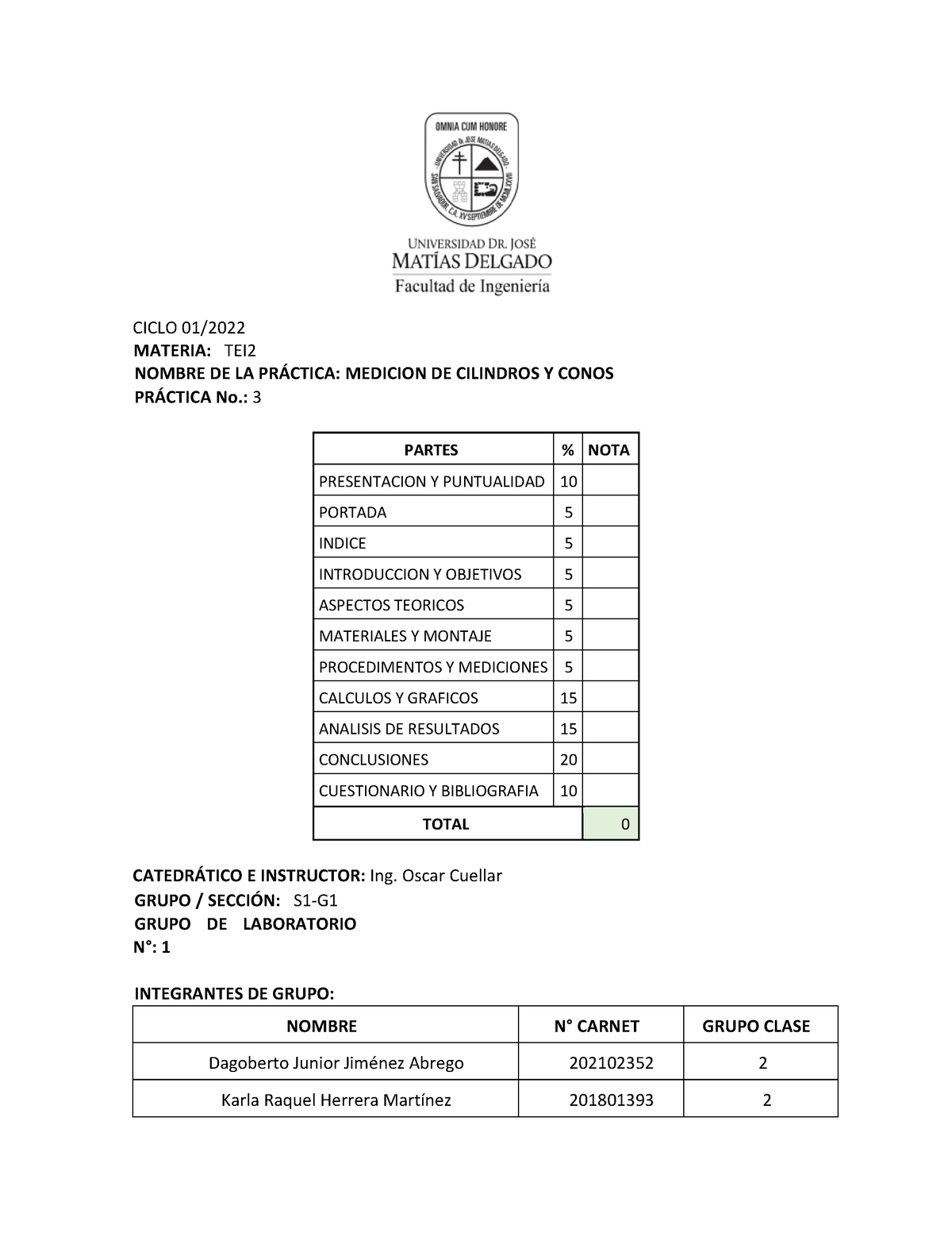 Tei Grupo Pr Ctica Nombre De La Prctica Medicion De Cilindros Y Conos