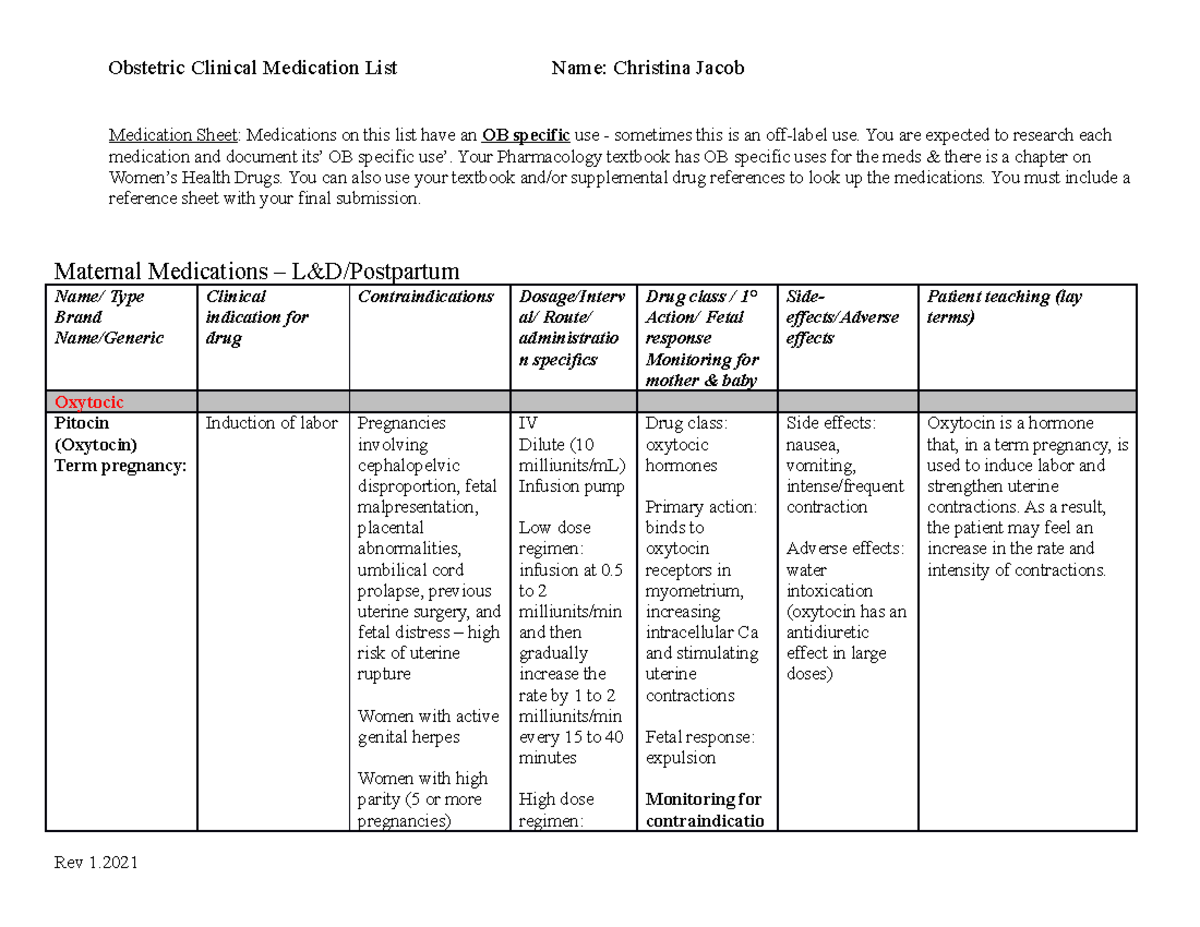 Obstetric Clinical Medication List - Studocu