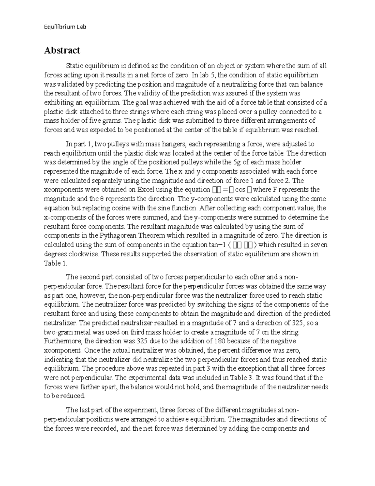 Phys 6 Equilibrium Lab Equilibrium Lab Abstract Static equilibrium