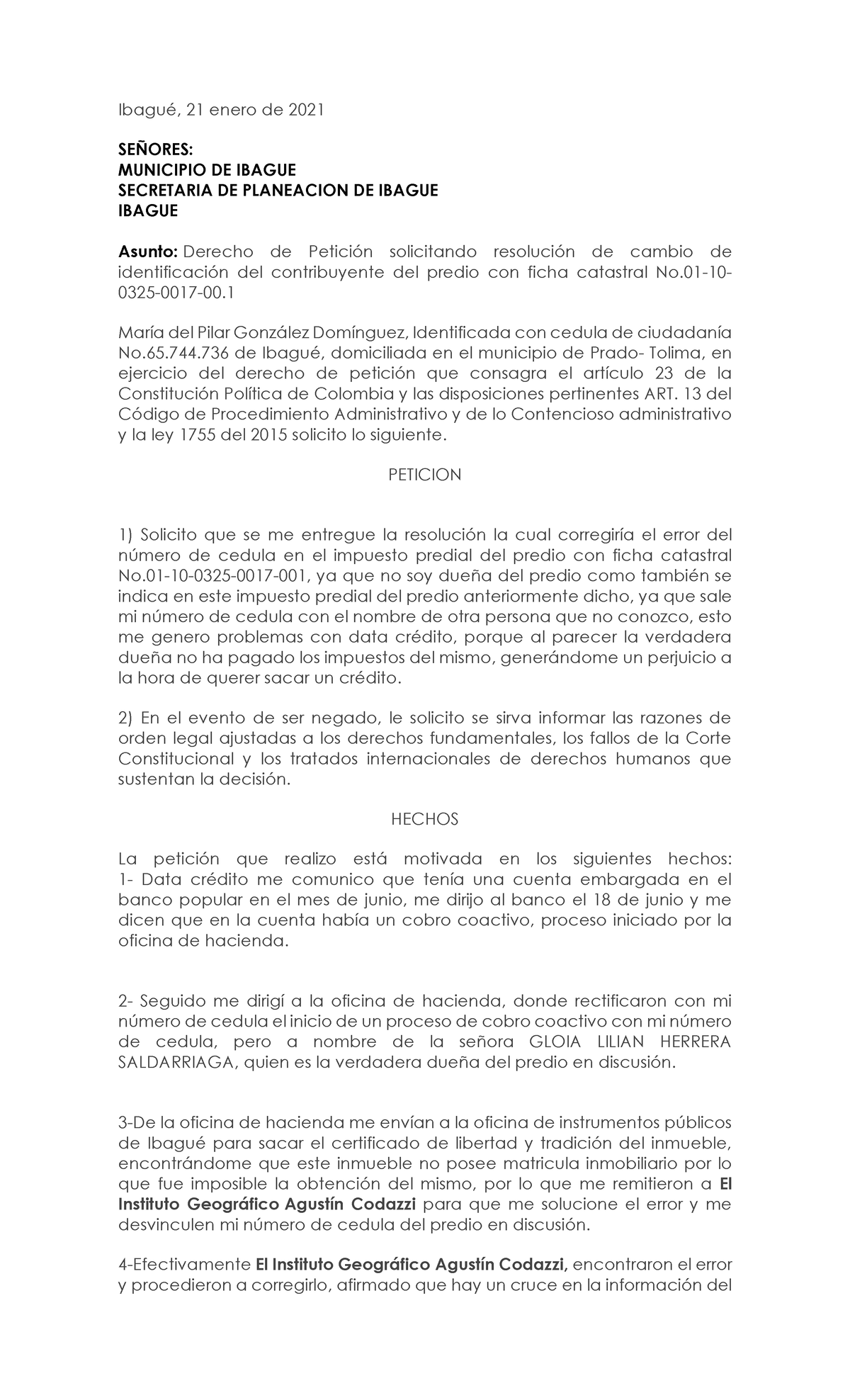 Derecho peticion pilar planeacion - IbaguÈ, 21 enero de 2021 SE—ORES ...