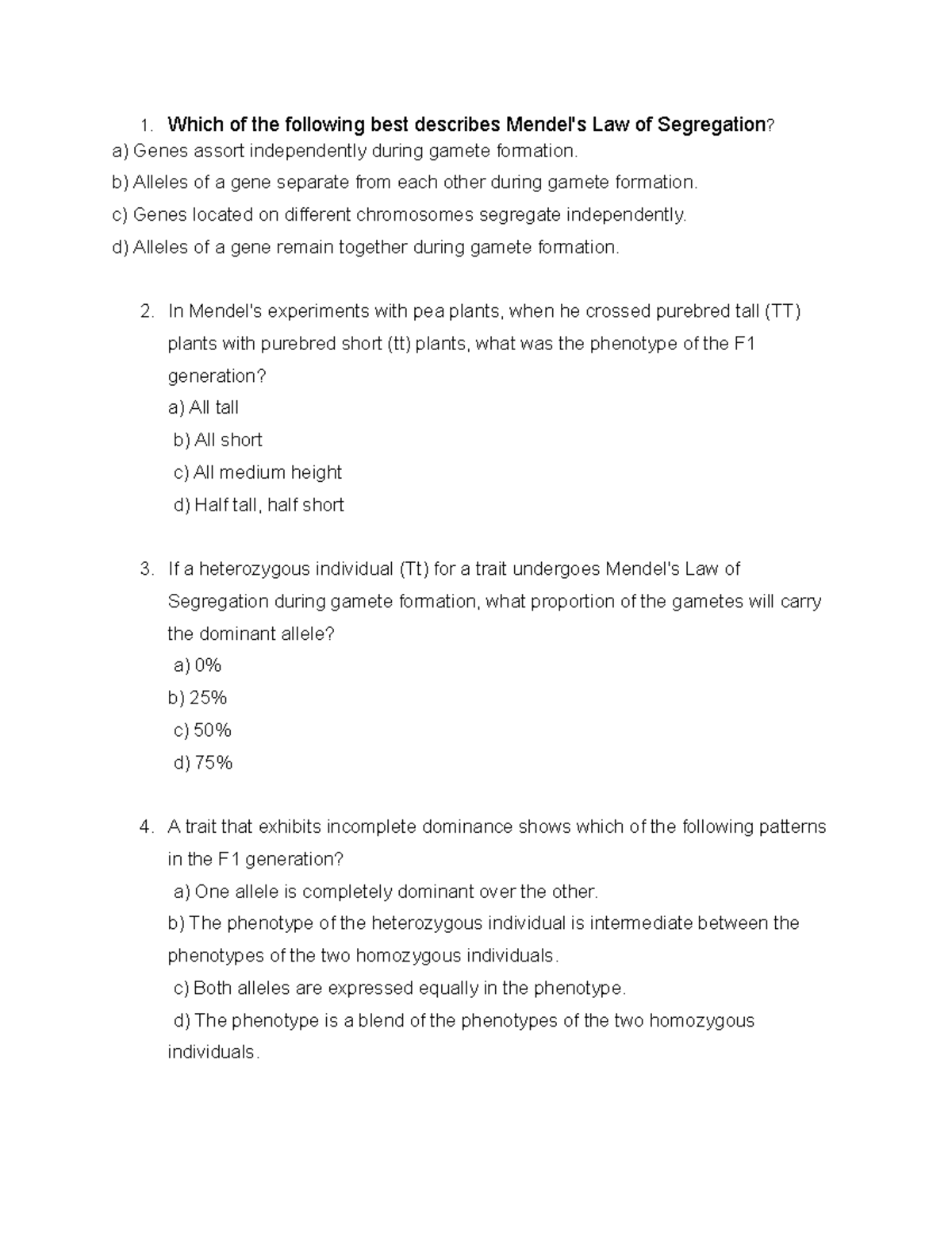 Mendel's Laws practice - 1. Which of the following best describes ...