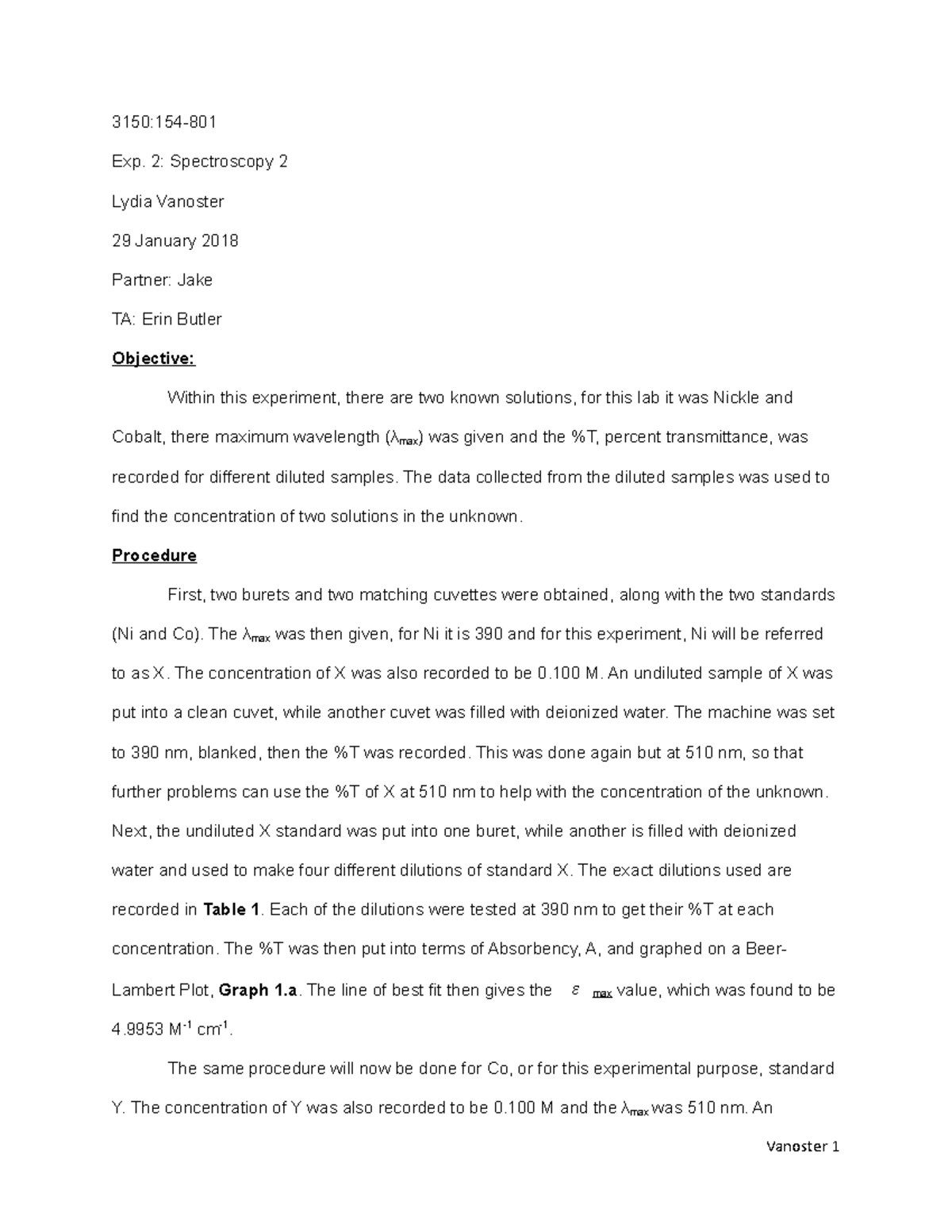 Spec 2 lab report - 3150:154- Exp. 2: Spectroscopy 2 Lydia Vanoster 29 ...