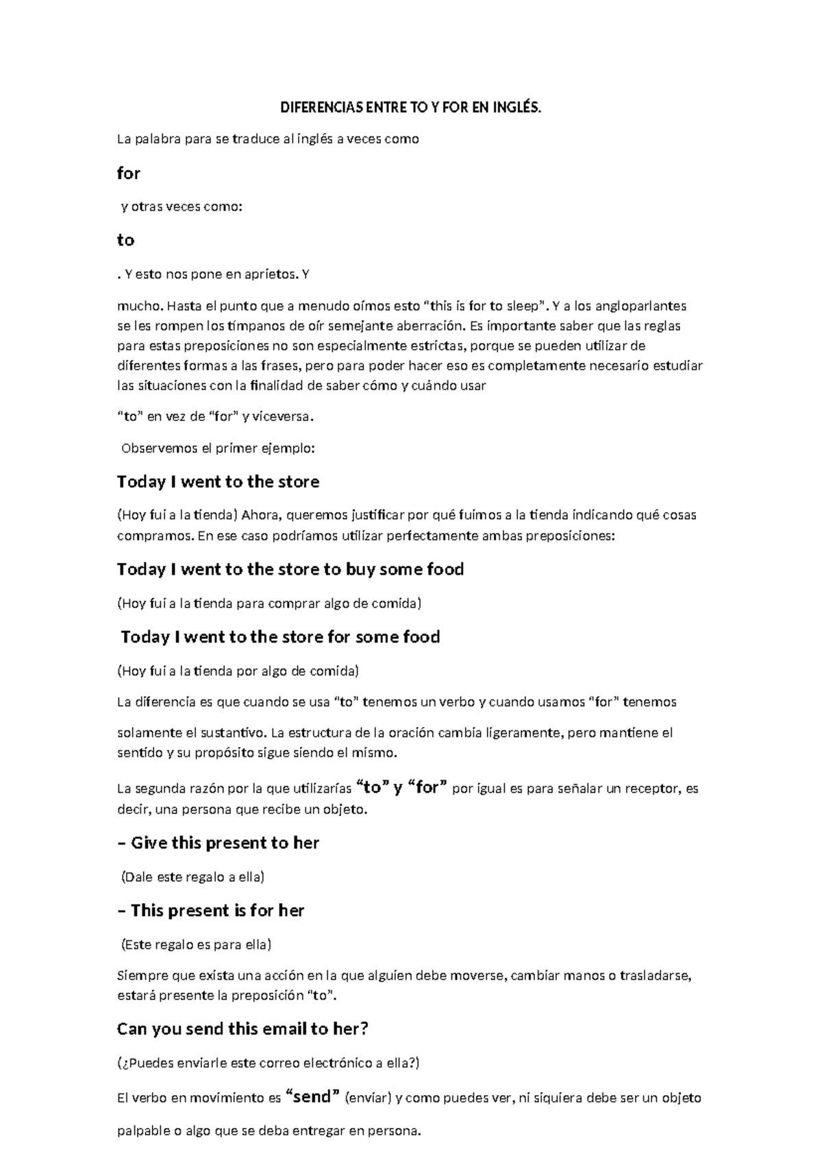 Diferencias Entre TO Y FOR EN Inglés - DIFERENCIAS ENTRE TO Y FOR EN ...