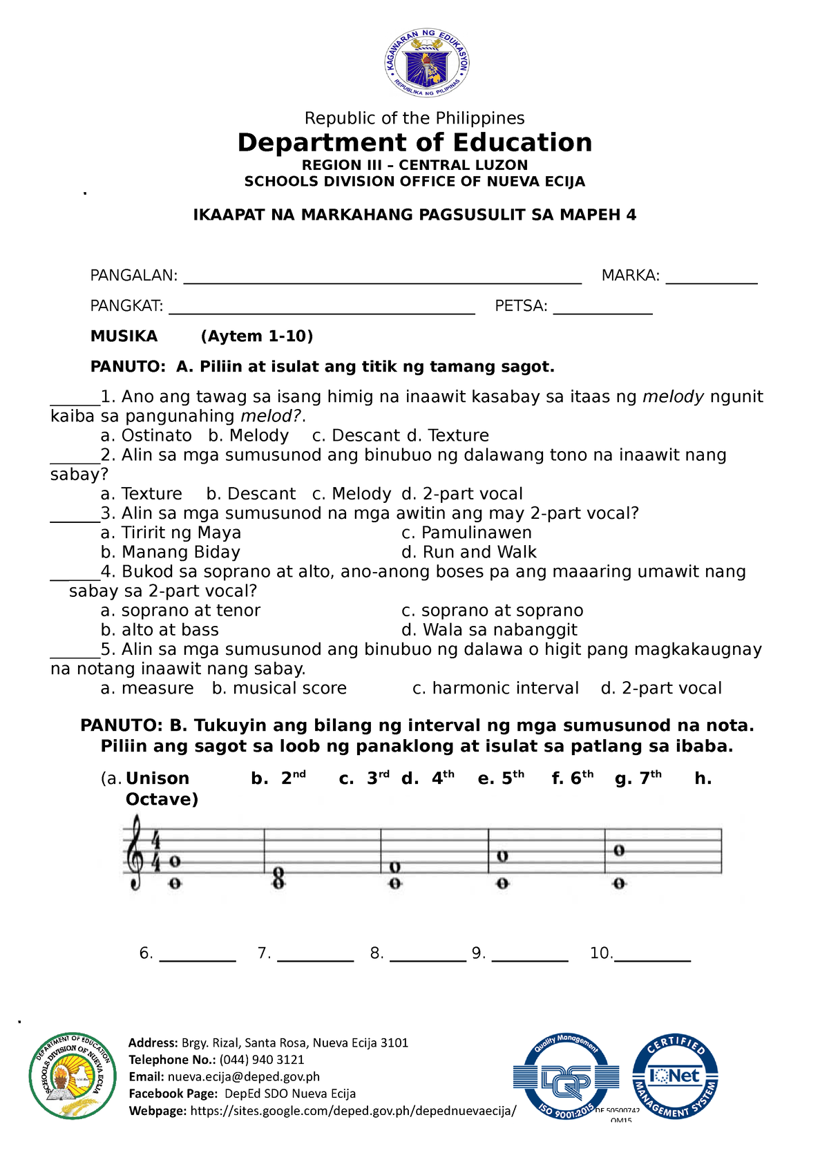 Grade44TH Quarter MapehPT Final QA Department of Education