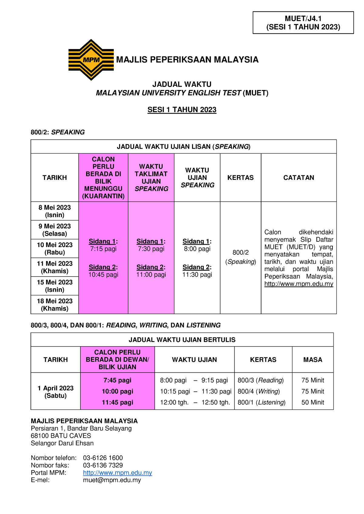 Jadual Waktu MUET SESI 1 2023 pdf JADUAL WAKTU MALAYSIAN UNIVERSITY