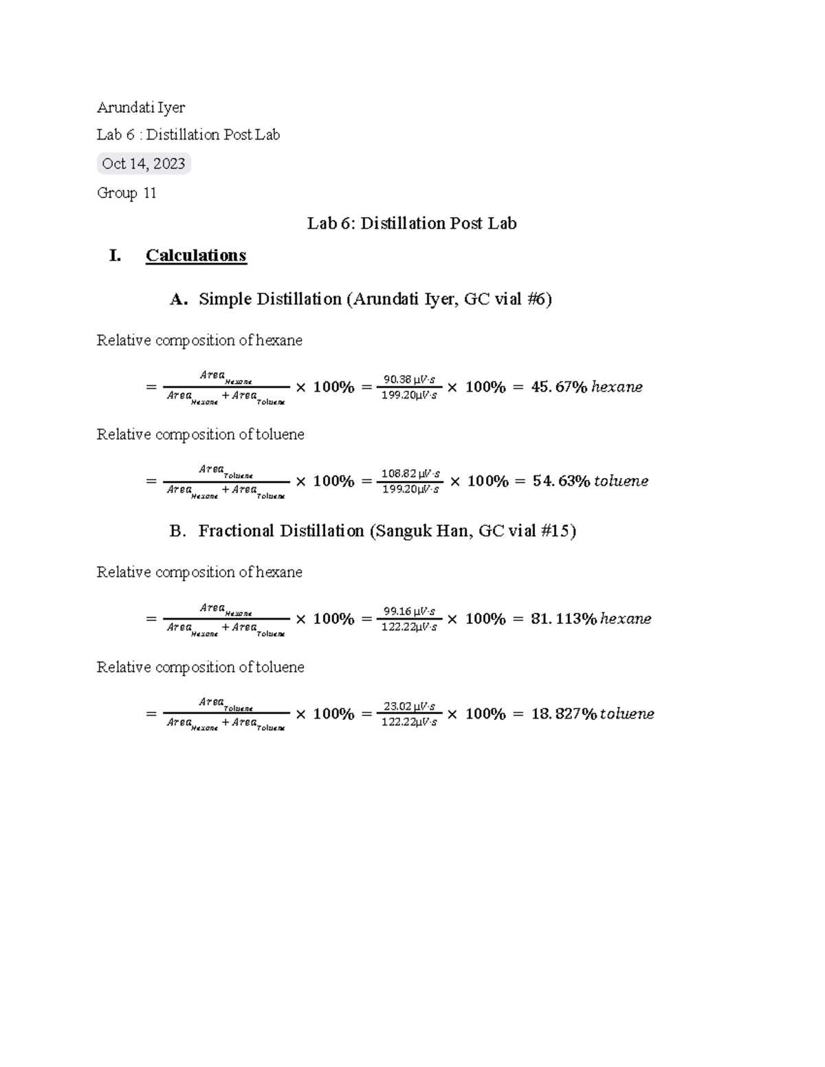 Lab 6 Distillation Post Lab Arundati Iyer Lab 6 Distillation Post