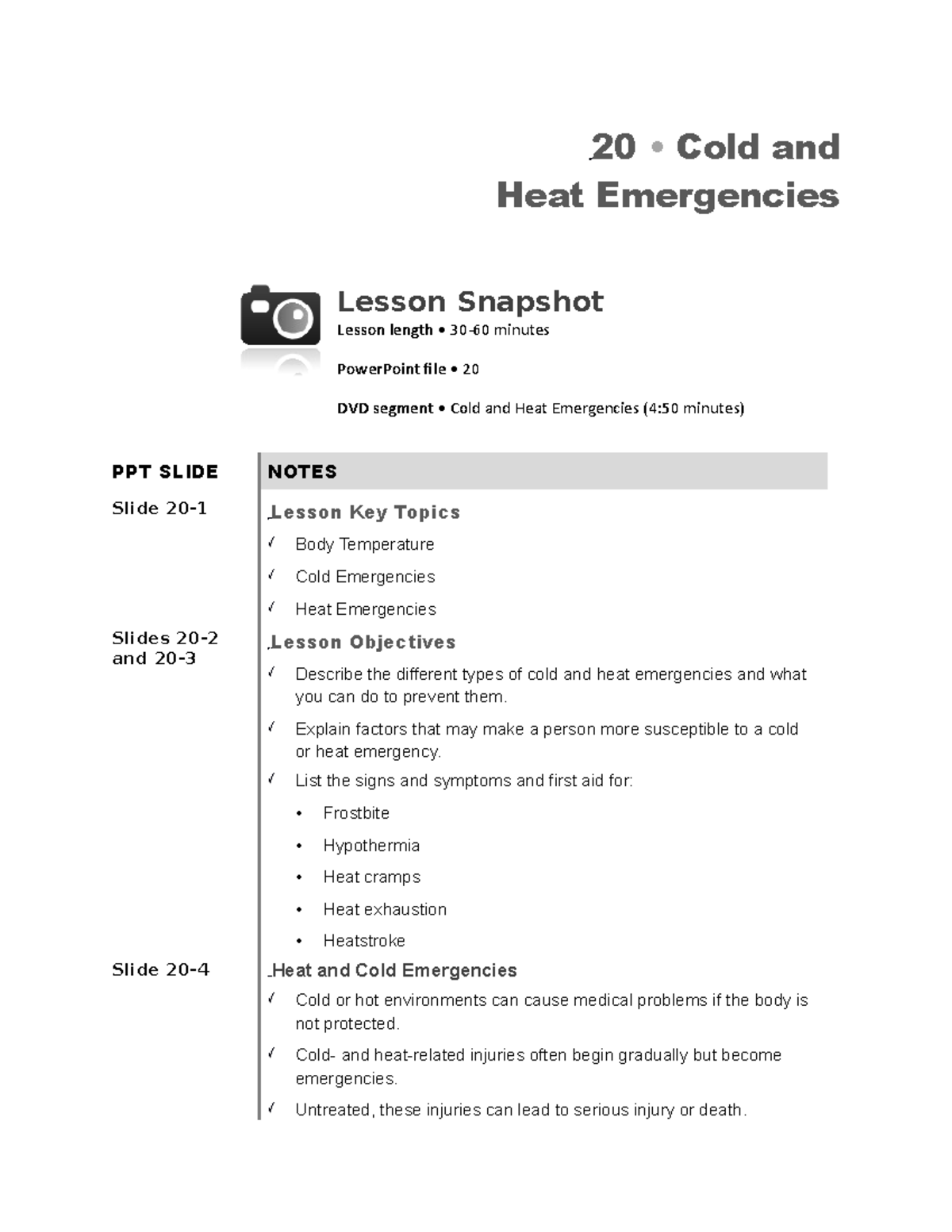 Notes chapter 20 - December course Dr. Dean - 6B 20 • Cold and Heat ...