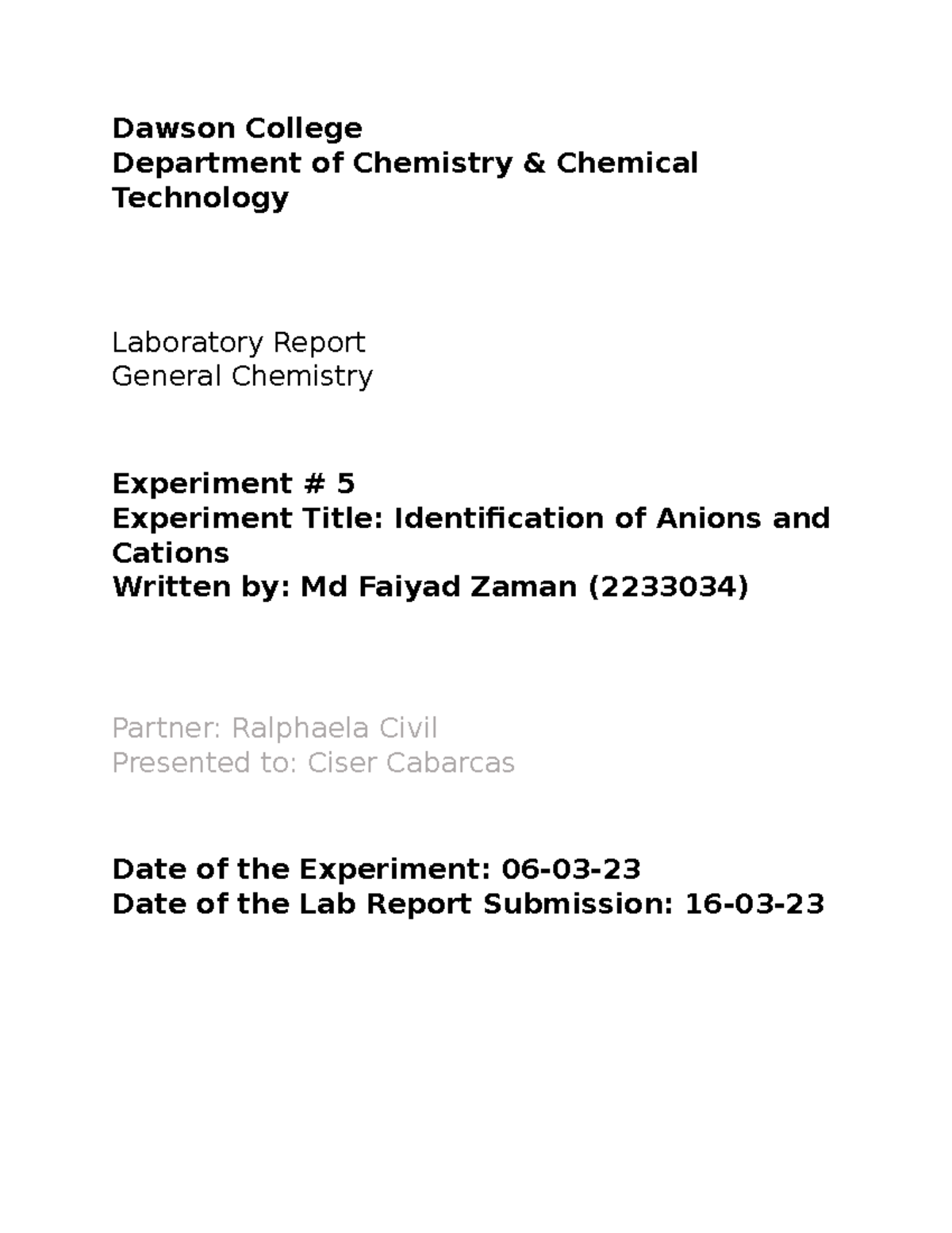 Lab Report 5 2023 - Dawson College Department of Chemistry & Chemical ...