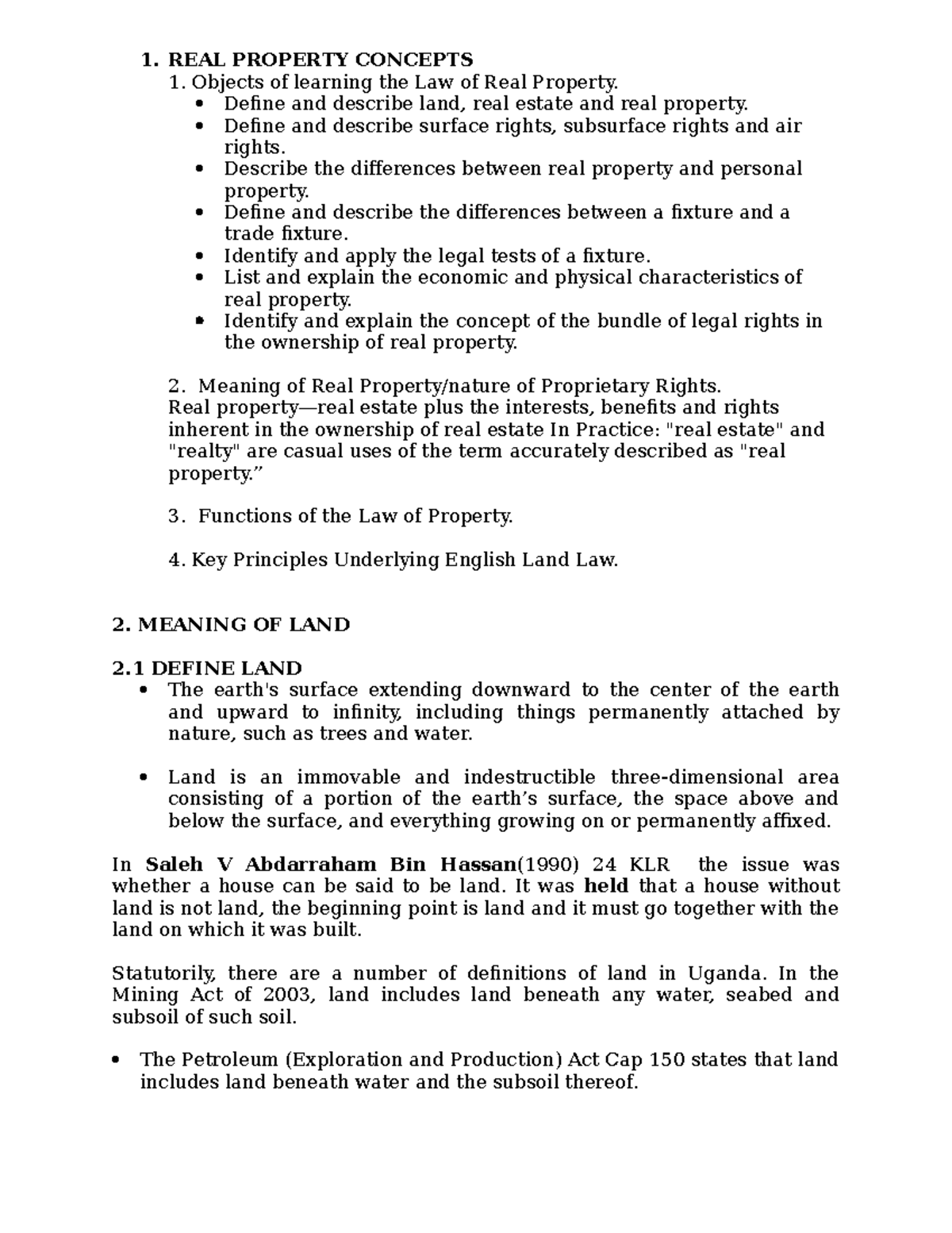 Foundations OF LAND LAW lecture notes 1. REAL PROPERTY CONCEPTS