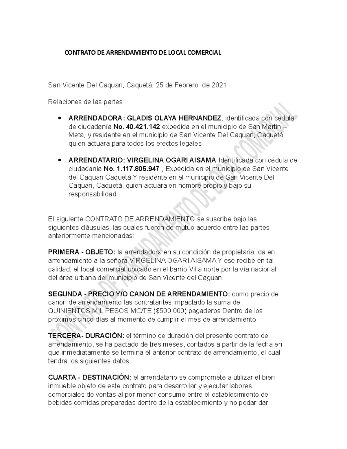 Contrato DE Arrendamiento DE Local Comercial - CONTRATO DE ...