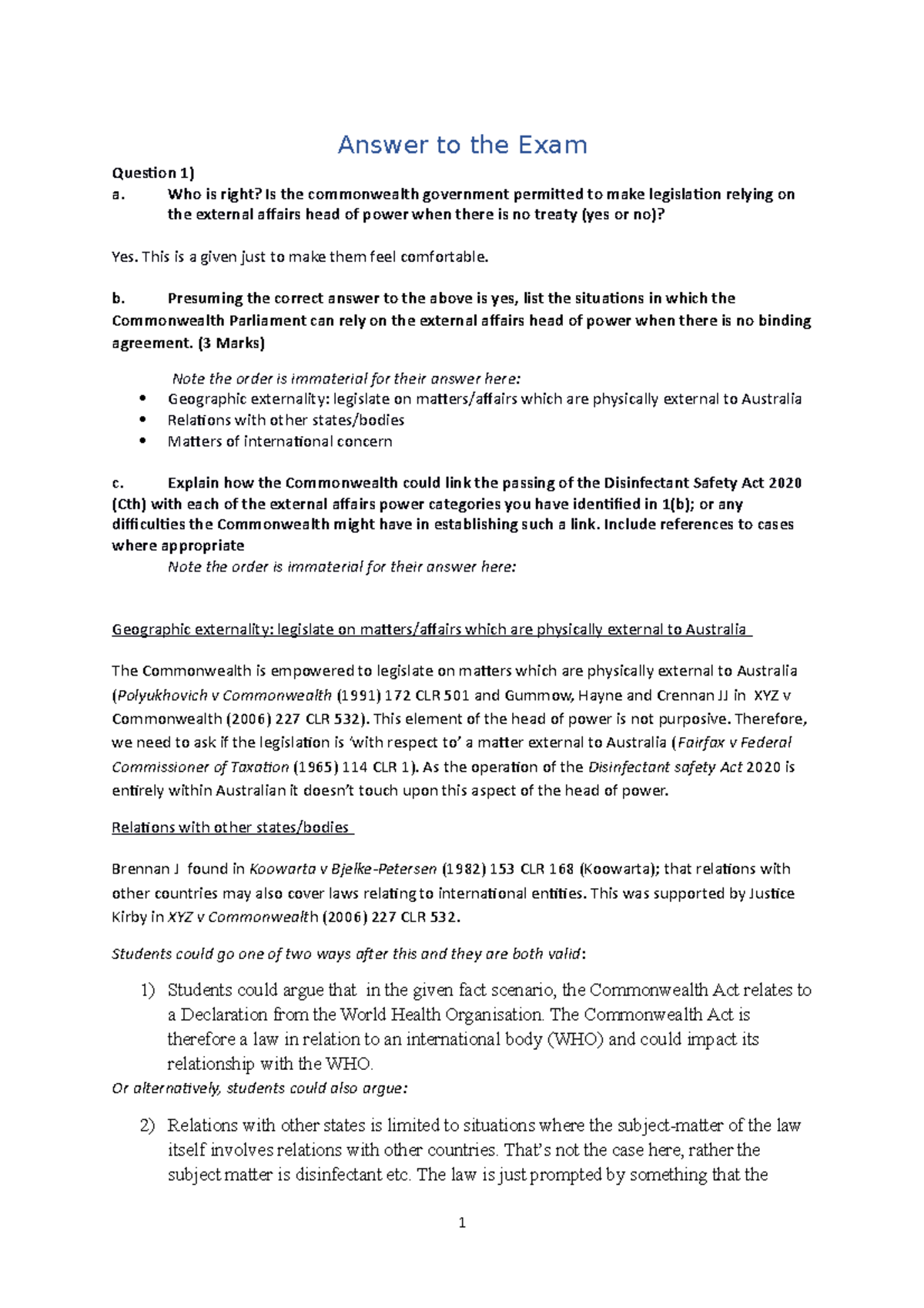 Answer to Constitutional Law Exam 2020 Answer to the Exam Question 1