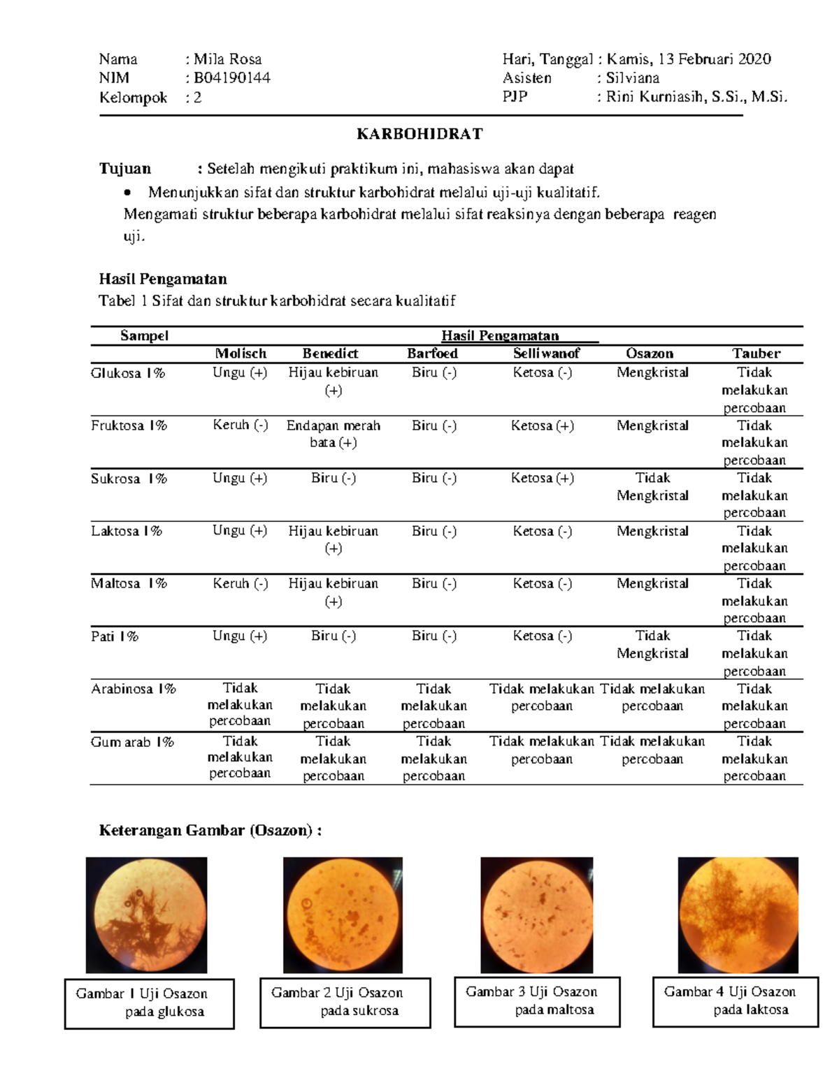 Laporan Praktikum Biokimia Karbohidrat - NIM Kelompok : B : 2 Asisten ...