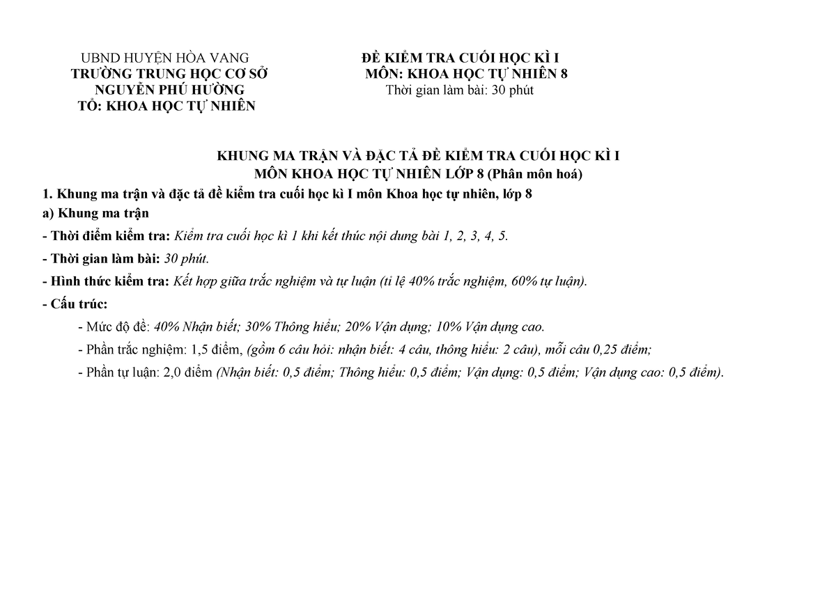 I KHTN 8 - Hóa HKI 2023 - Cuối Kì Học Ki1 Khtn Hoá 8 - UBND HUYỆN HÒA ...