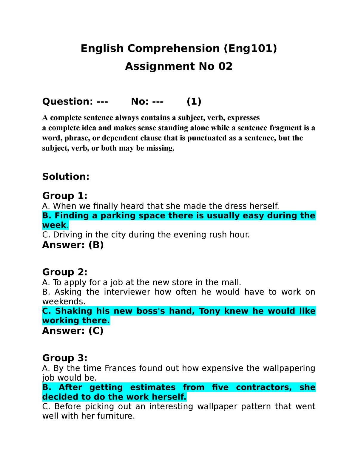 english 201 assignment 2 solution