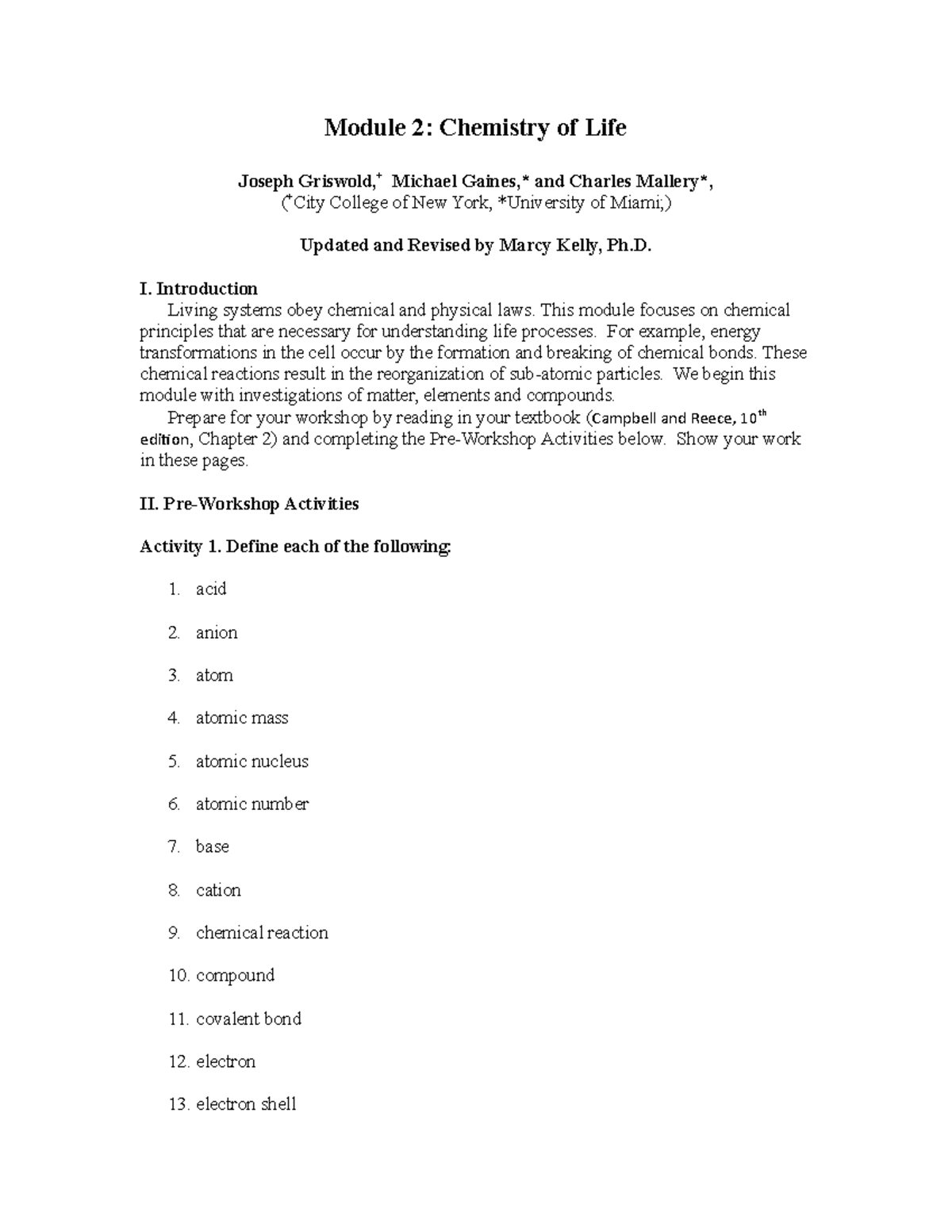 chemistry of life assignment