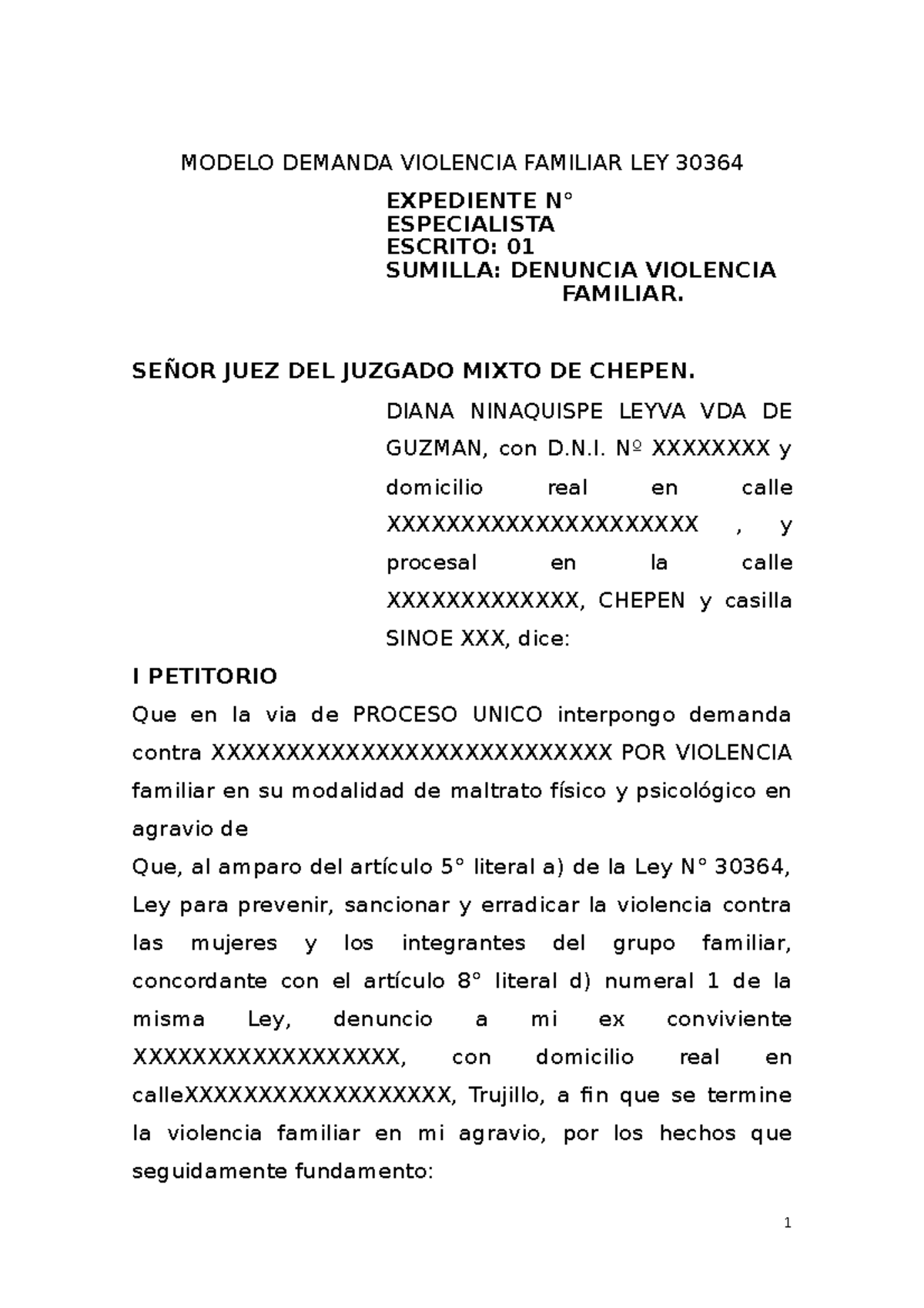 Modelo Demanda Violencia Familiar LEY 30364 - MODELO DEMANDA VIOLENCIA