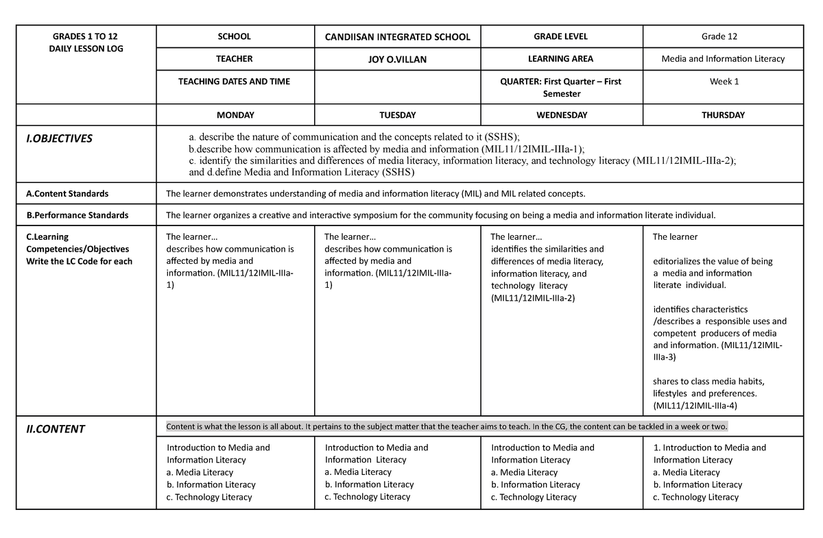 MIL DLL - Lesson Plan - GRADES 1 TO 12 DAILY LESSON LOG SCHOOL ...