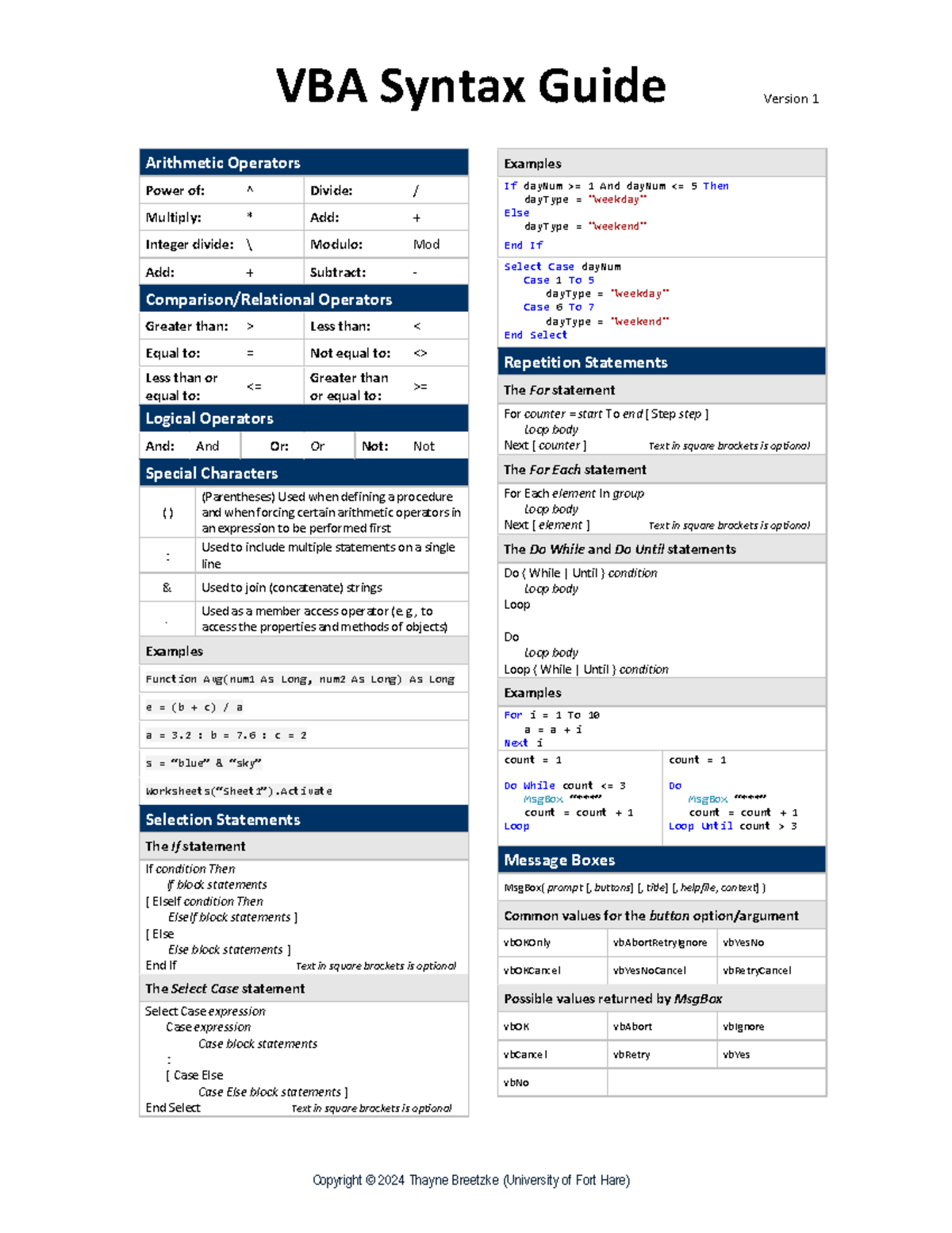 VBA Syntax Sheet - Summary Accounting 3 - Copyright © 2024 Thayne ...