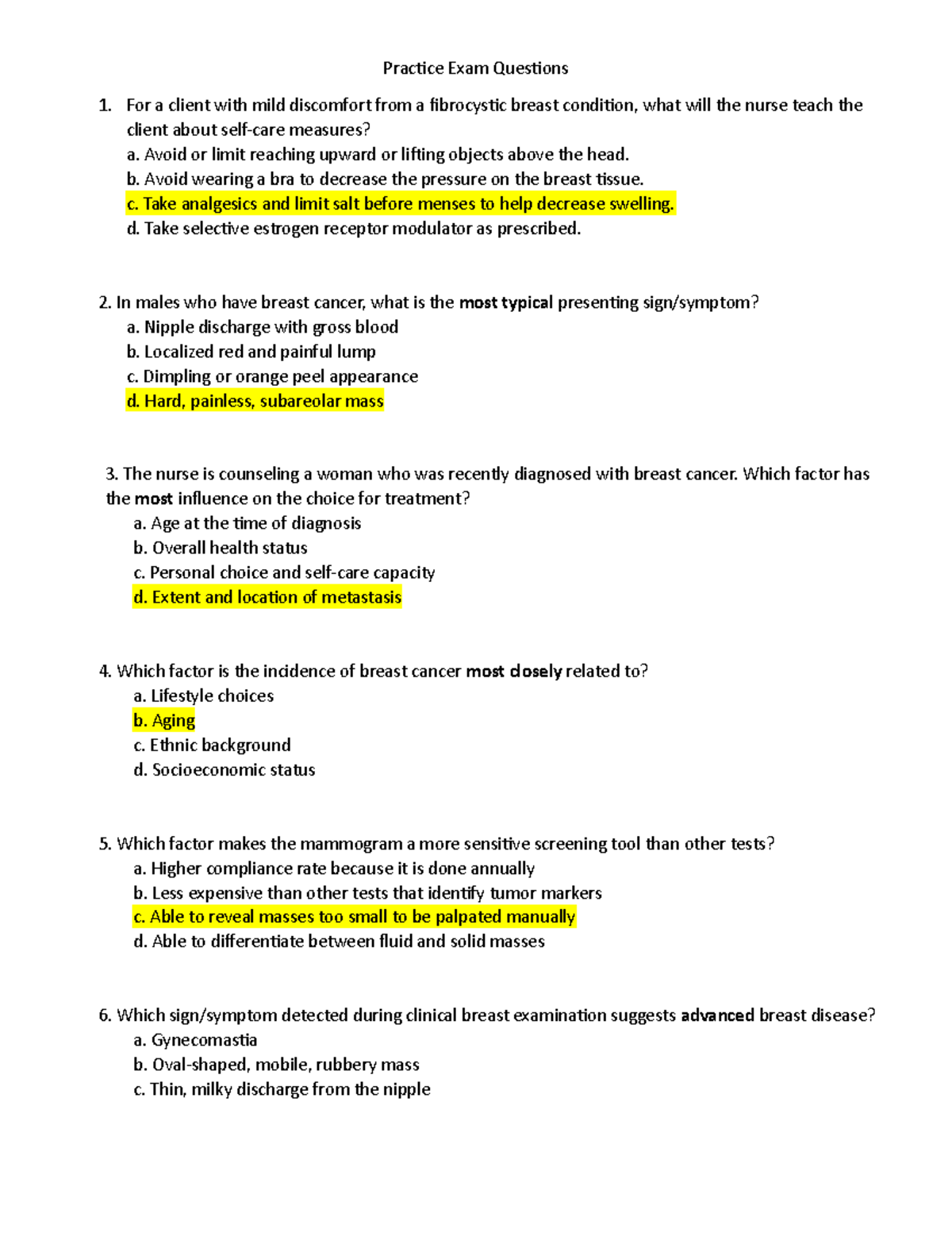 Practice Exam Questions - Practice Exam Questions For a client with ...