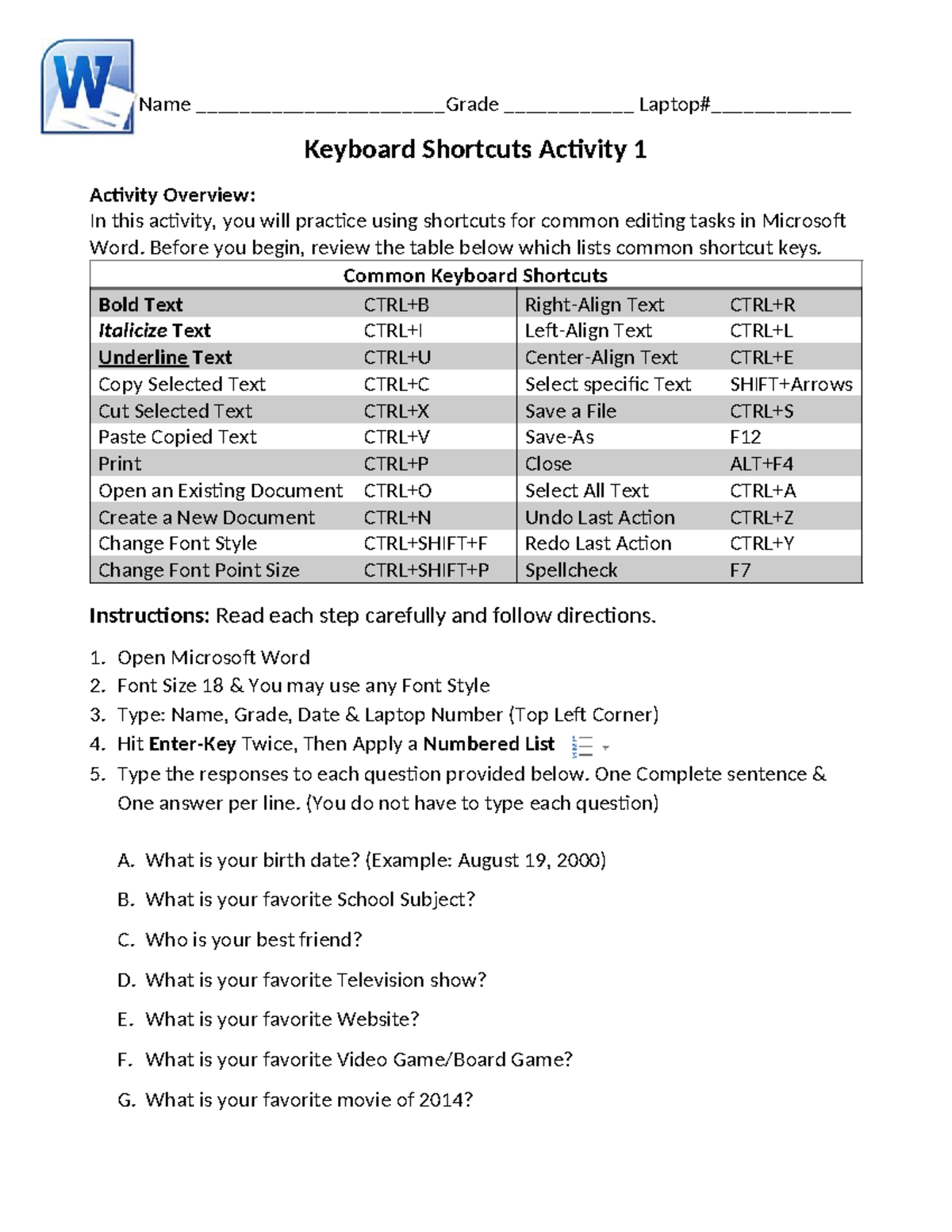 Microsoft Word Basic Keyboard Shortcuts Activity 1-1 - Name ...