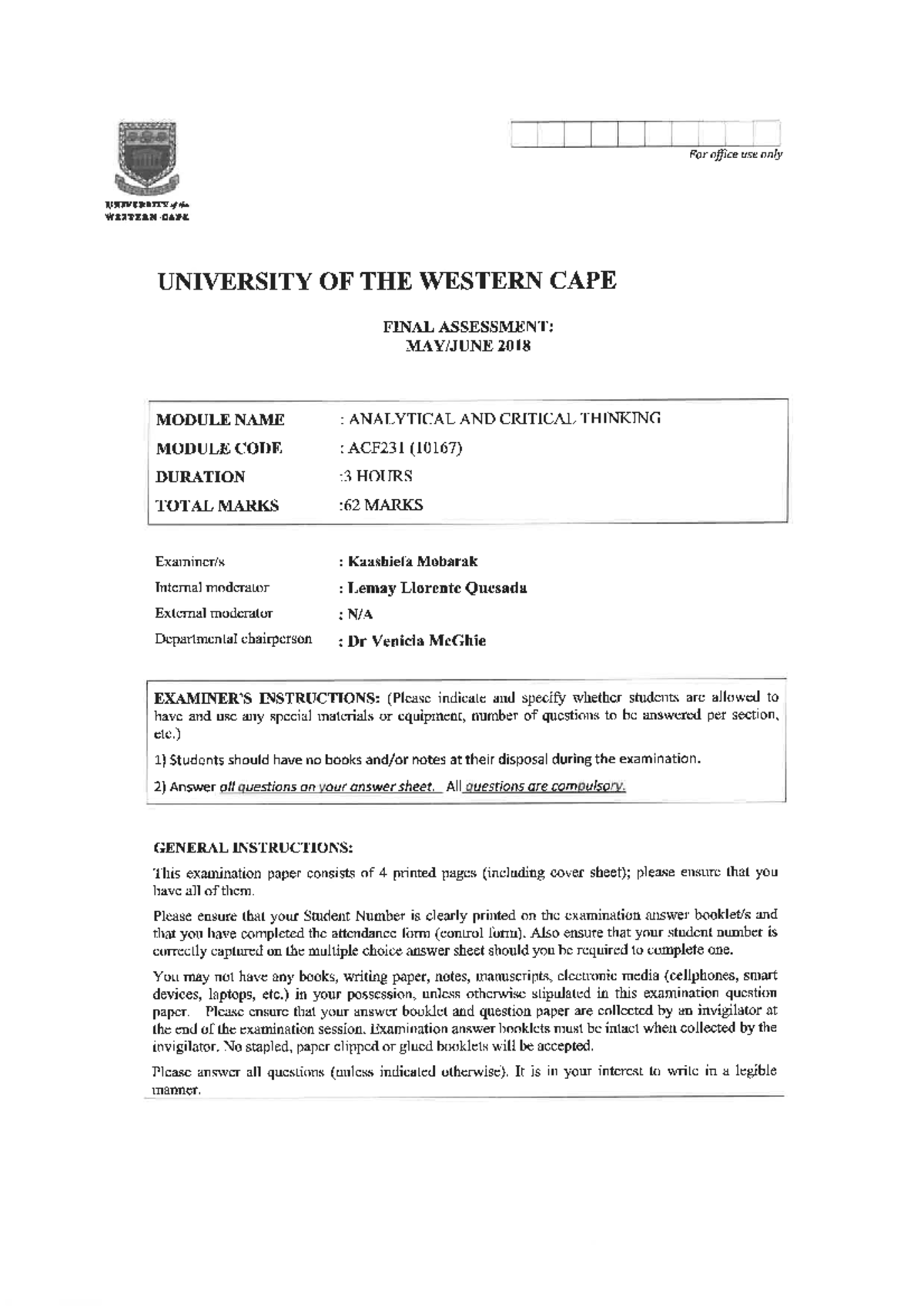 ACF231 2018 06 F PAST EXAM PAPER StuDocu