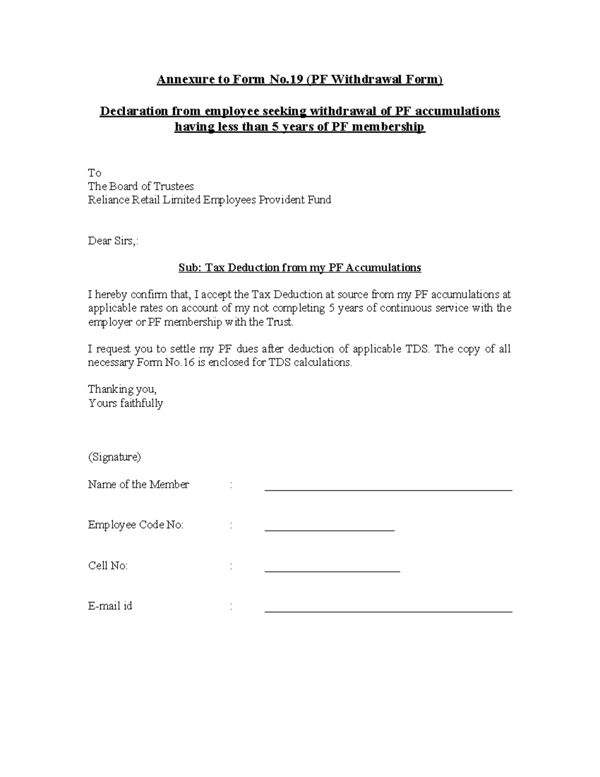 Tax Declaration (Form-19) - Annexure to Form No (PF Withdrawal Form ...