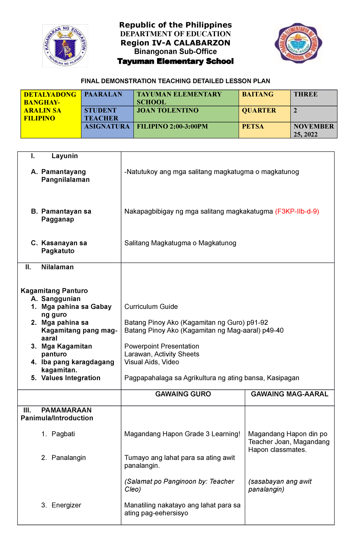Lesson Plan Salitang Kilos Docx Banghay Aralin Sa Fi Morespics 0941