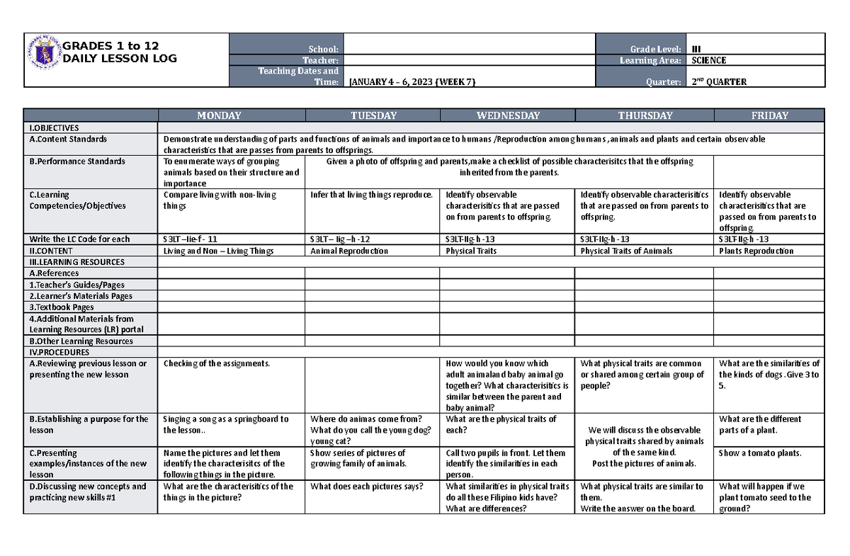 DLL Science 3 Q2 W7 - for information - GRADES 1 to 12 DAILY LESSON LOG ...