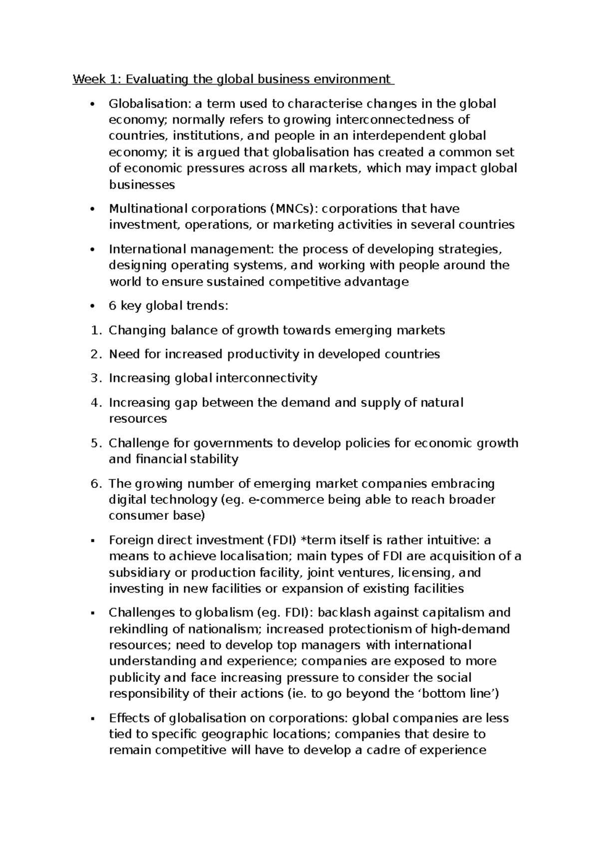Week 1 lecture notes - Week 1: Evaluating the global business ...