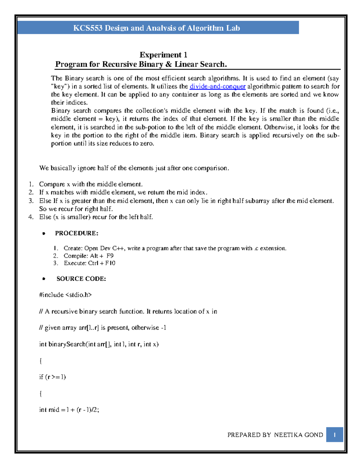 DAA lab manual helpful for last time's practical file Design and