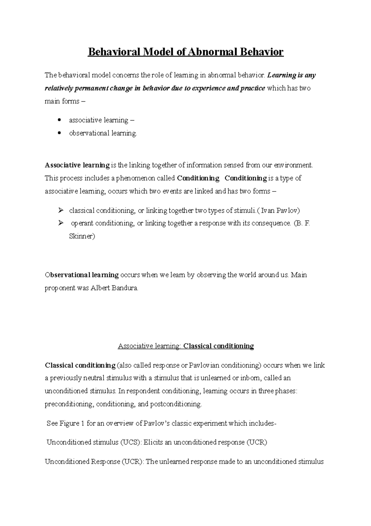 Behavioral model of abnormality Behavioral Model of Abnormal Behavior The behavioral model