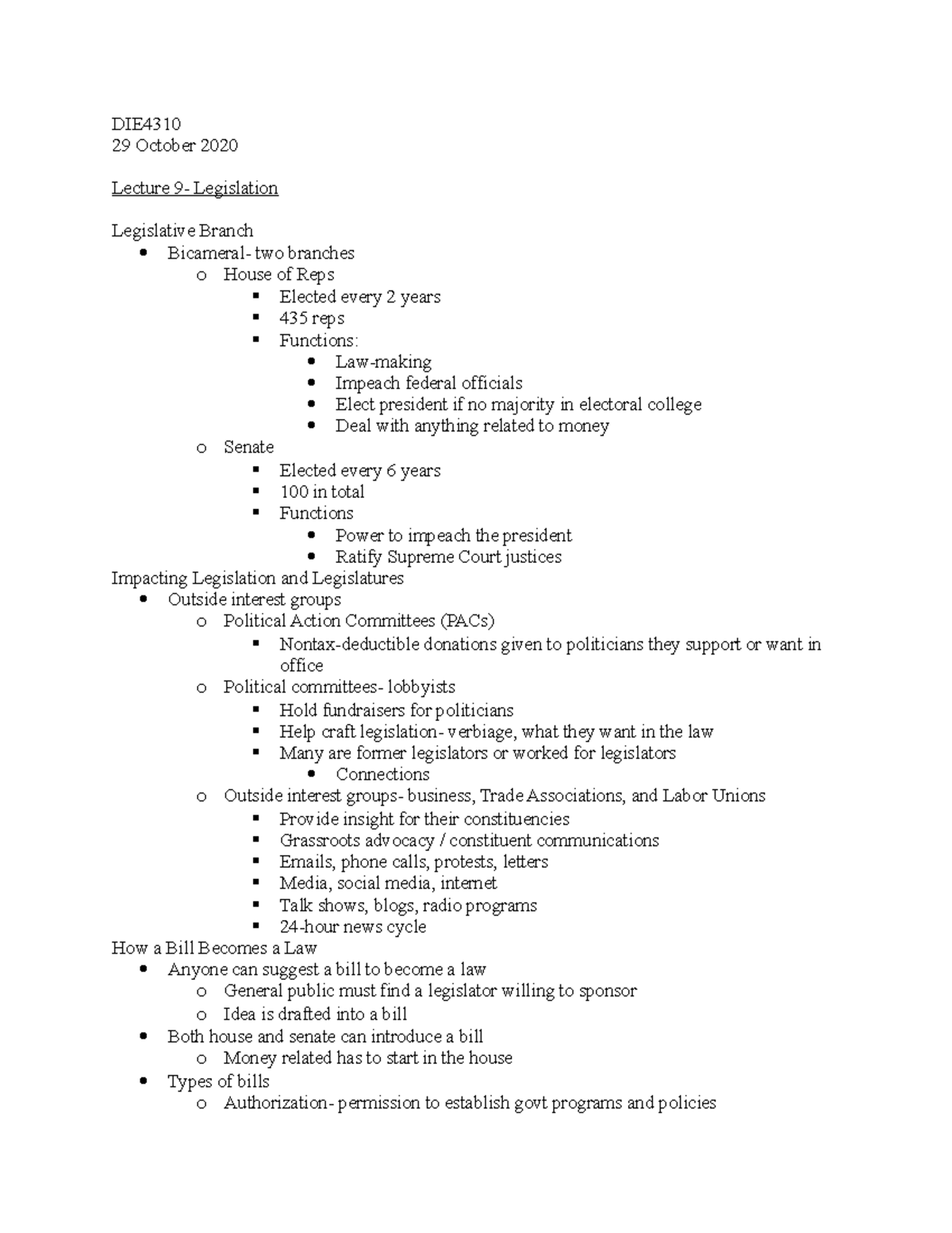 Legislation - Lecture notes 9 - DIE 29 October 2020 Lecture 9 ...