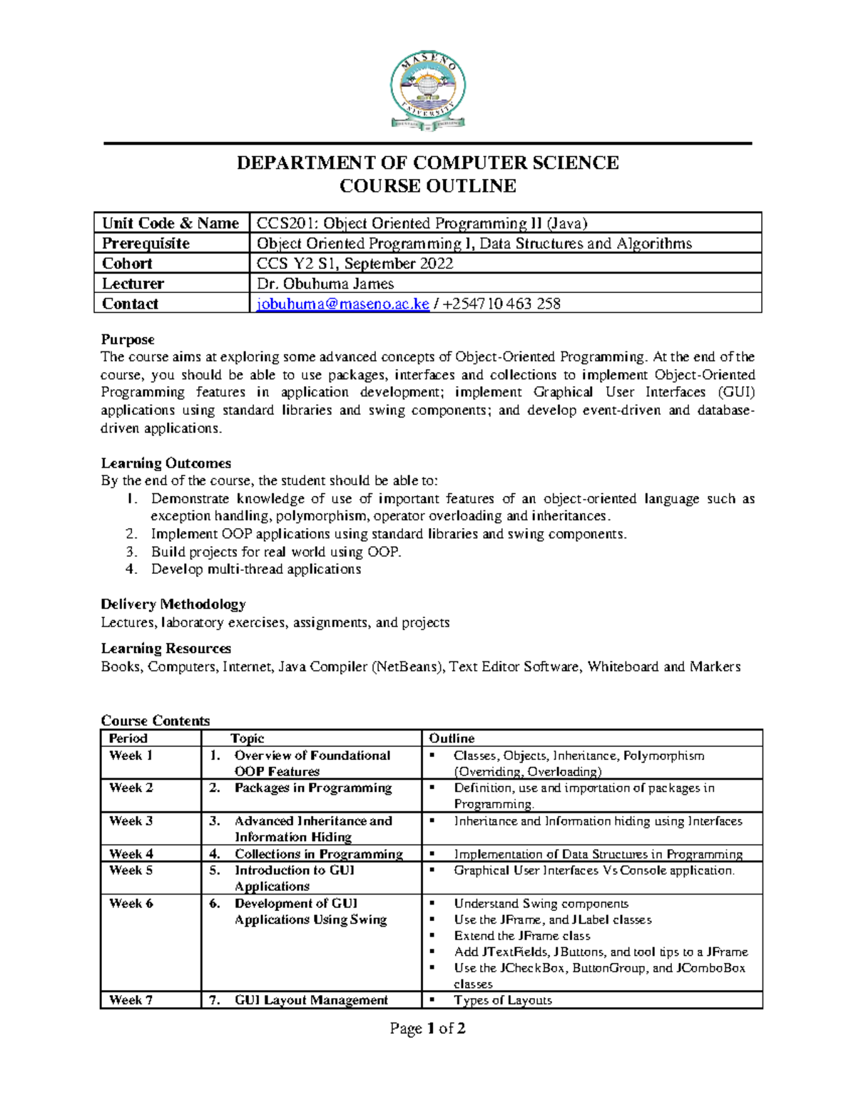 0. CCS-CCT201 Course Outline - Page 1 of 2 DEPARTMENT OF COMPUTER ...