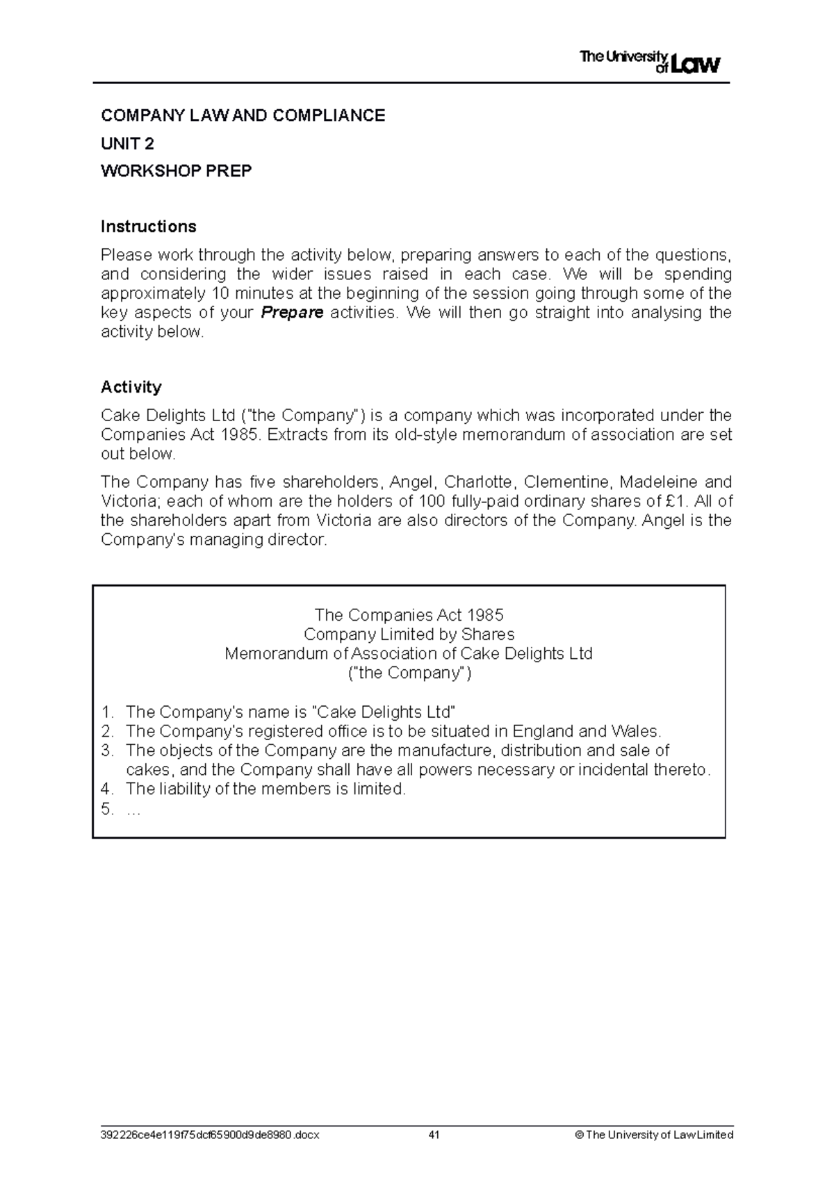 Company Law Lecture 2 - COMPANY LAW AND COMPLIANCE UNIT 2 WORKSHOP PREP ...