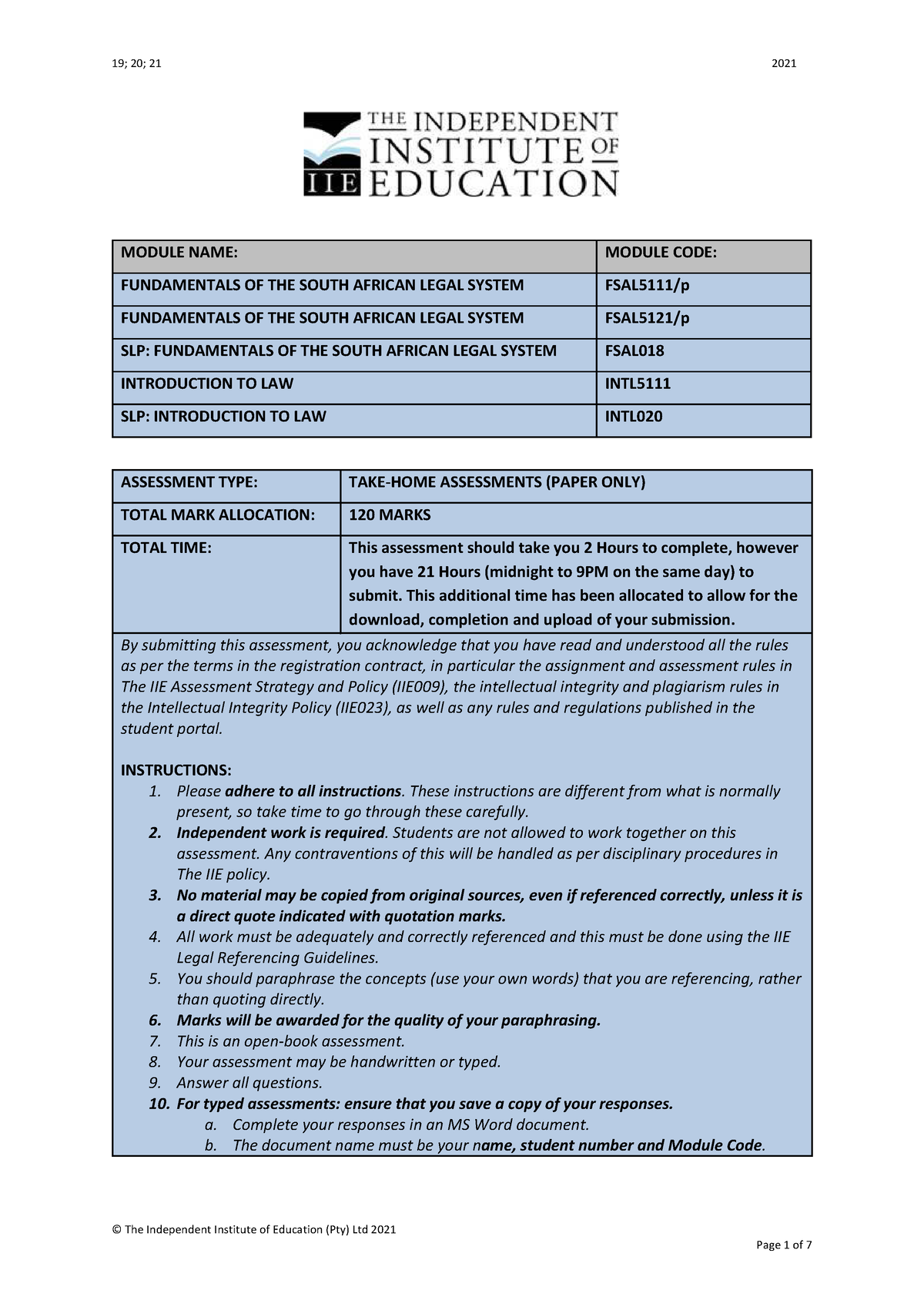 Take-Home Exam 1 - EXAM - © The Independent Institute Of Education (Pty ...