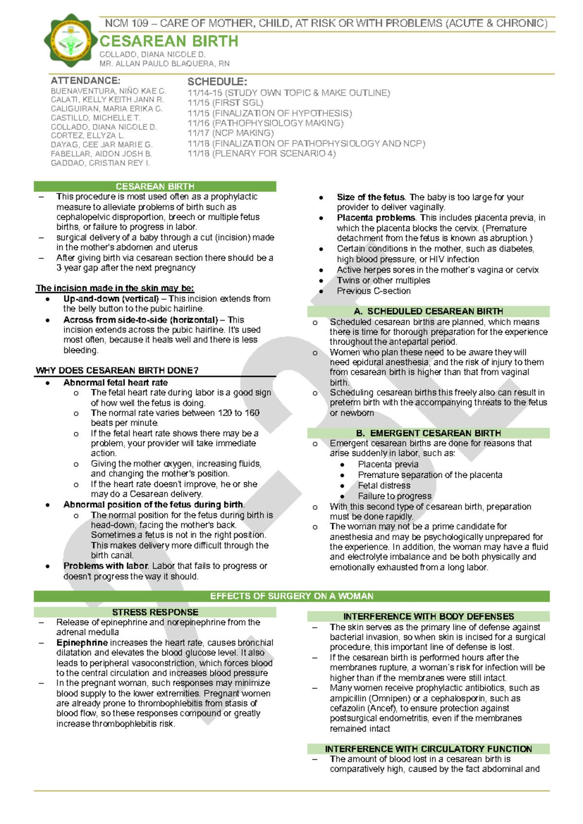 SCN4 - maternal - NCM 109 – CARE OF MOTHER, CHILD, AT RISK OR WITH ...