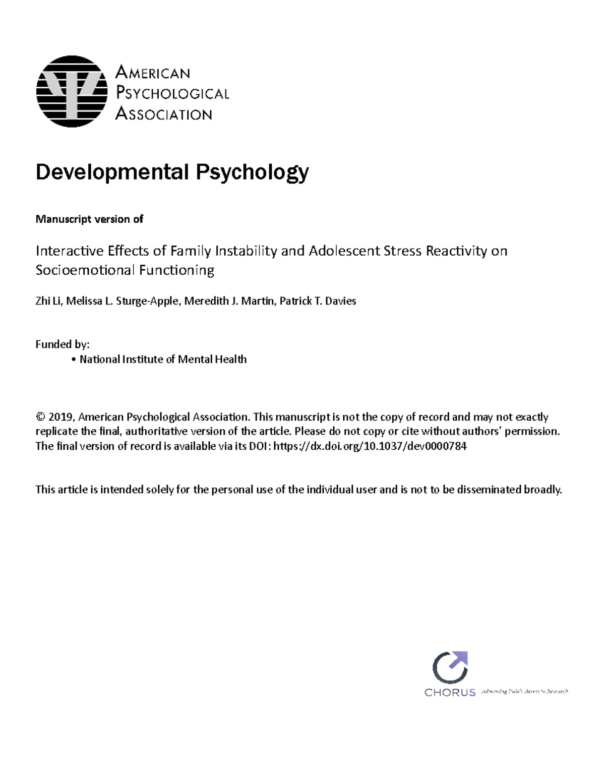 Interactive Effects of Family Instability and Adolescent Stress ...