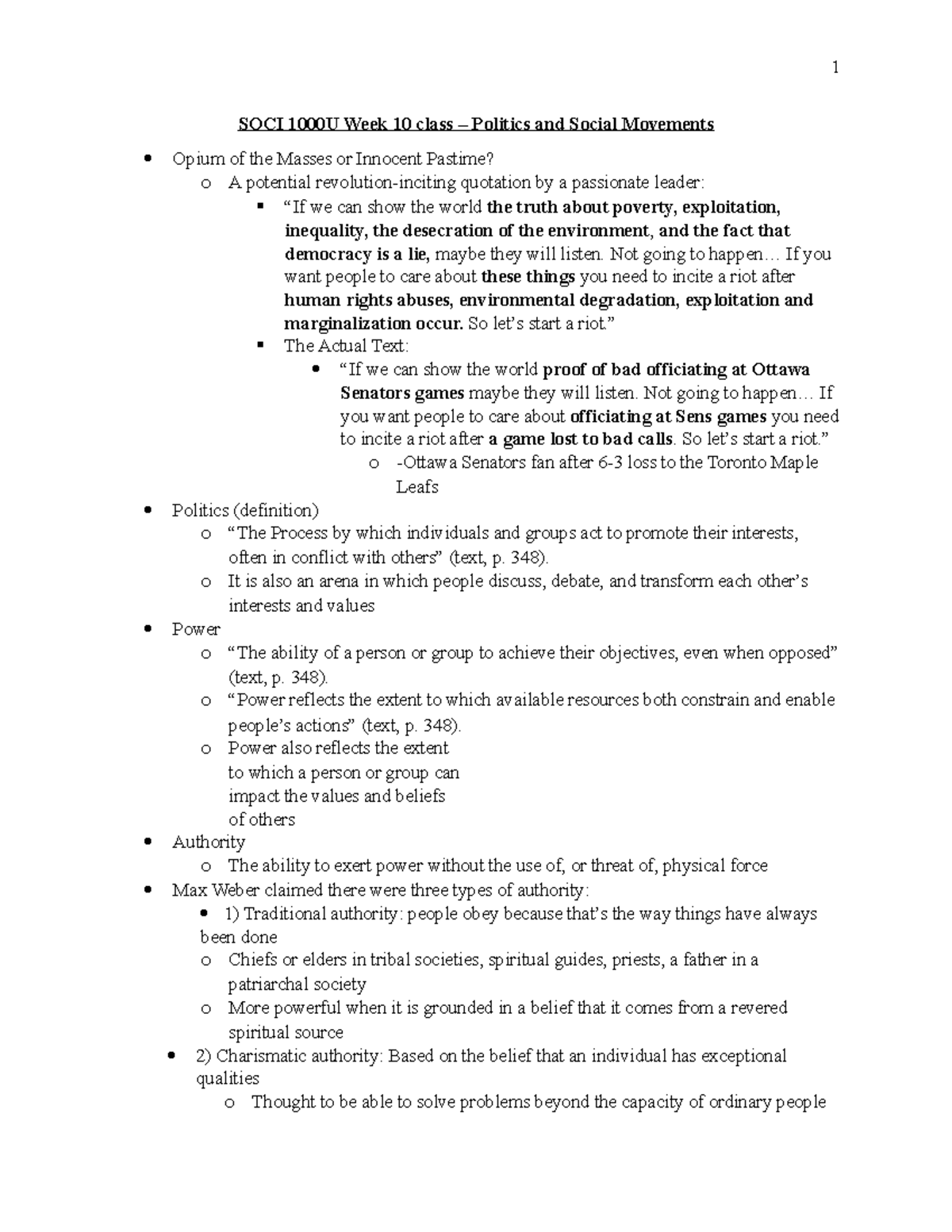 SOCI 1000U Week 10 lecture notes - SOCI 1000U Week 10 class – Politics ...