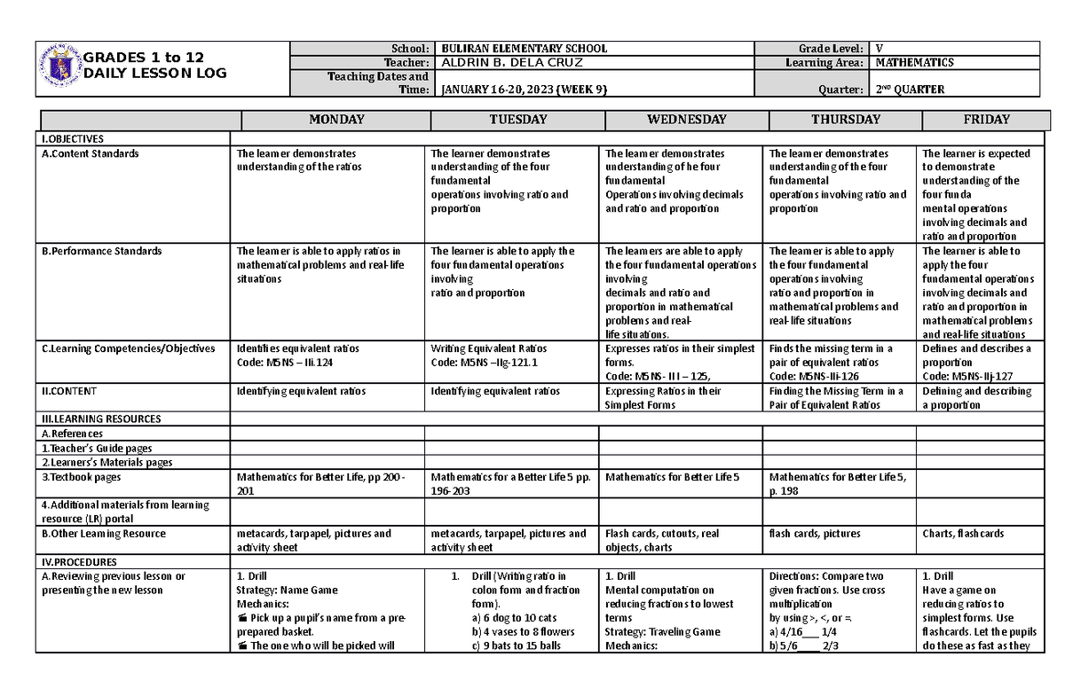 DLL Mathematics 5 Q2 W9 - none - GRADES 1 to 12 DAILY LESSON LOG School ...