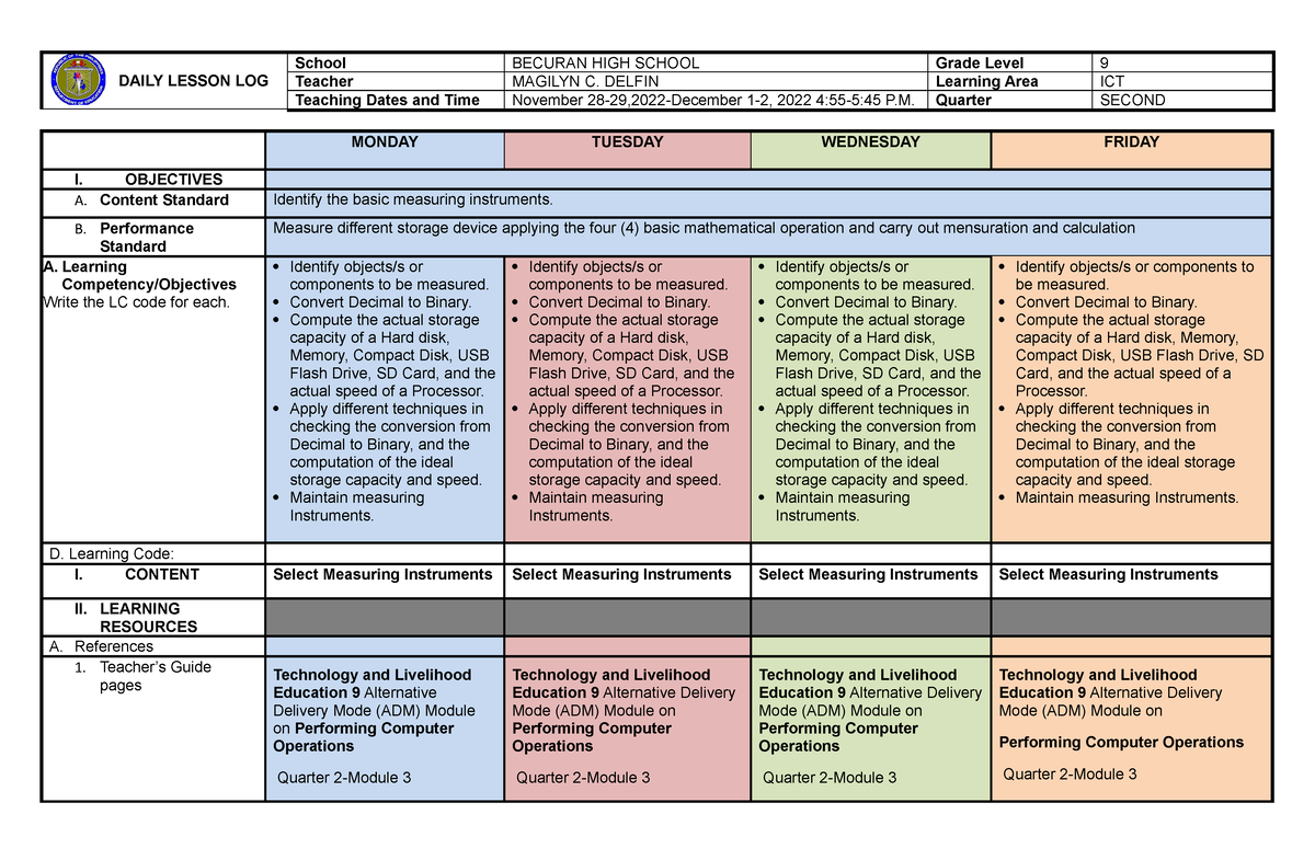 Dll Ict 7 1st Quarter Week 4 Daily Lesson Log School Becuran High School Grade Level 9 Teacher 7897