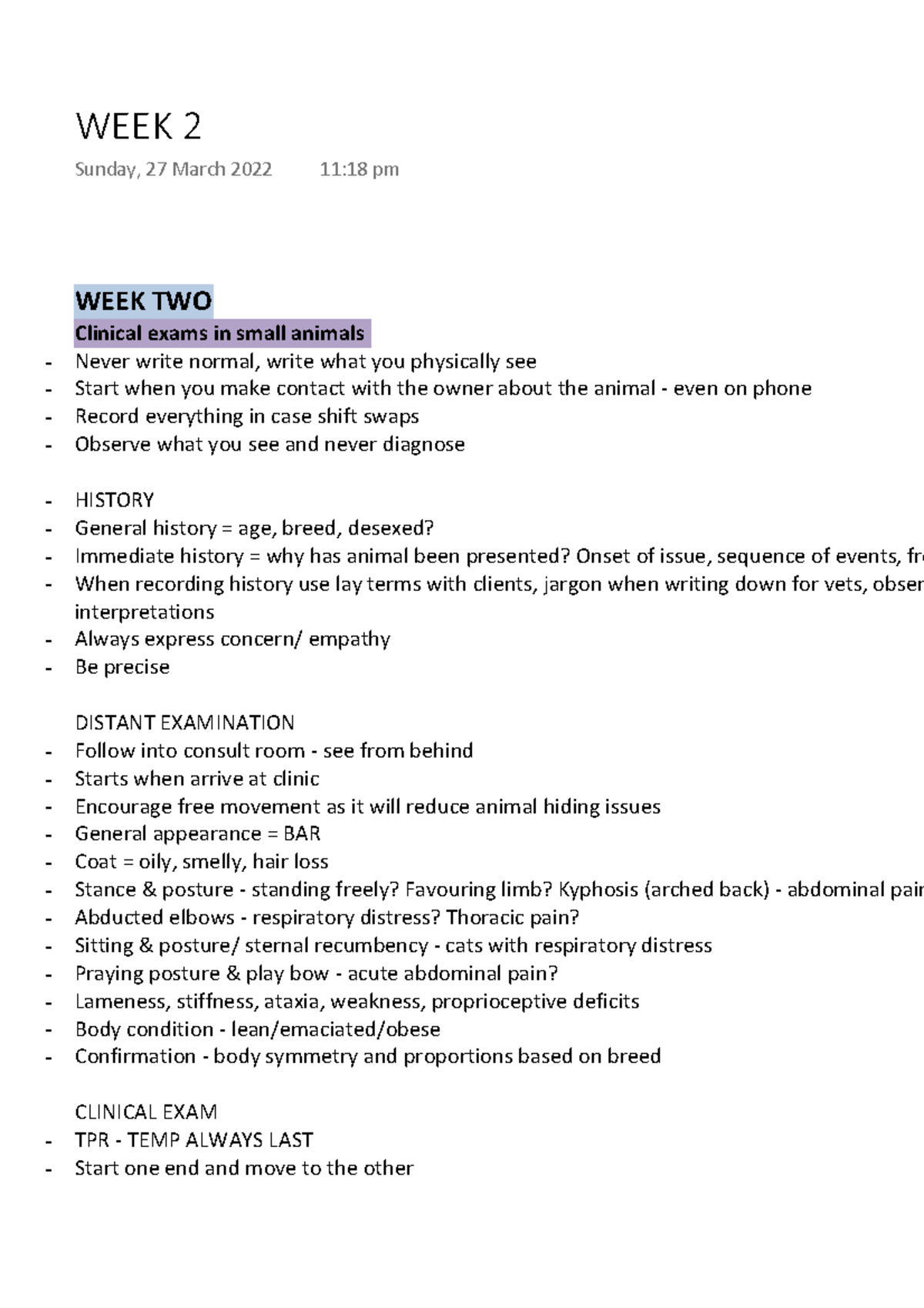 WEEK 2 Week 2 notes for Animal health technology. WEEK TWO Clinical