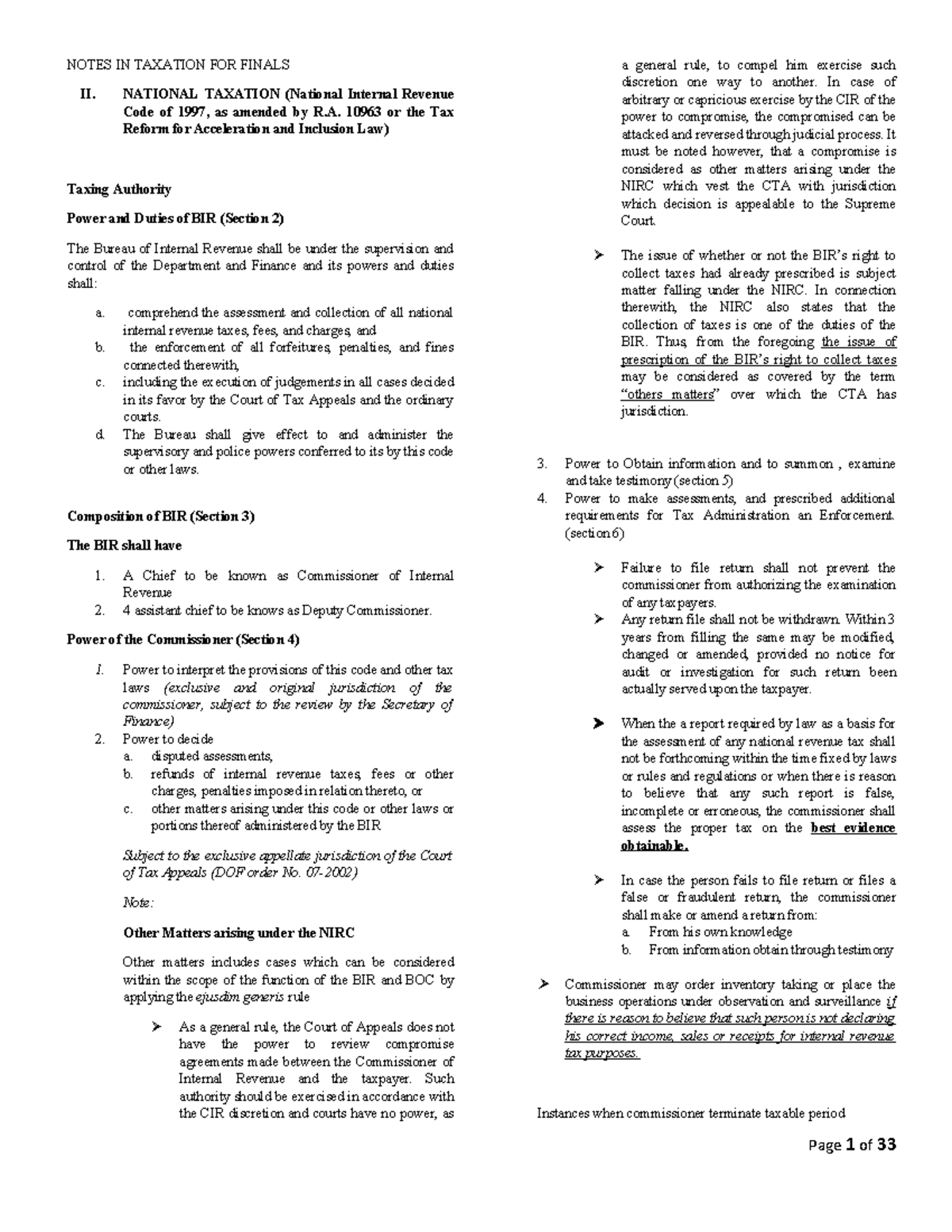 Notes in taxation for finals compress - NOTES IN TAXATION FOR FINALS II ...