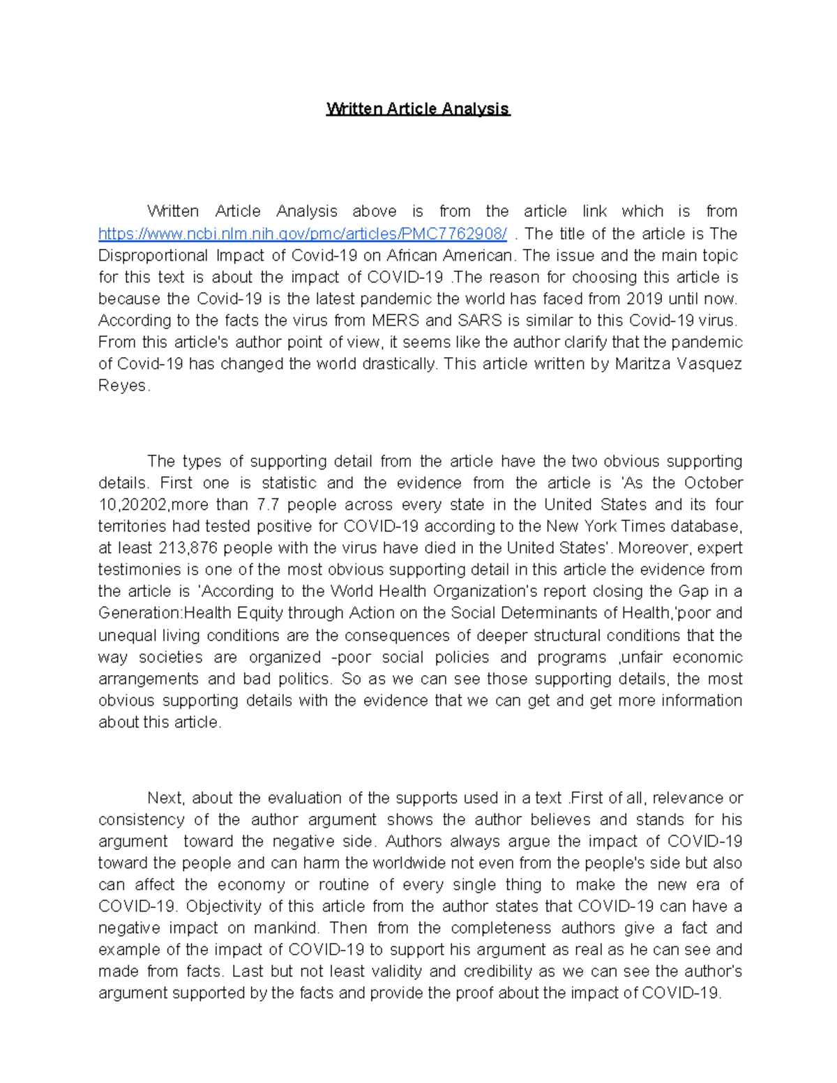 Written Article Analysis - Written Article Analysis Written Article ...