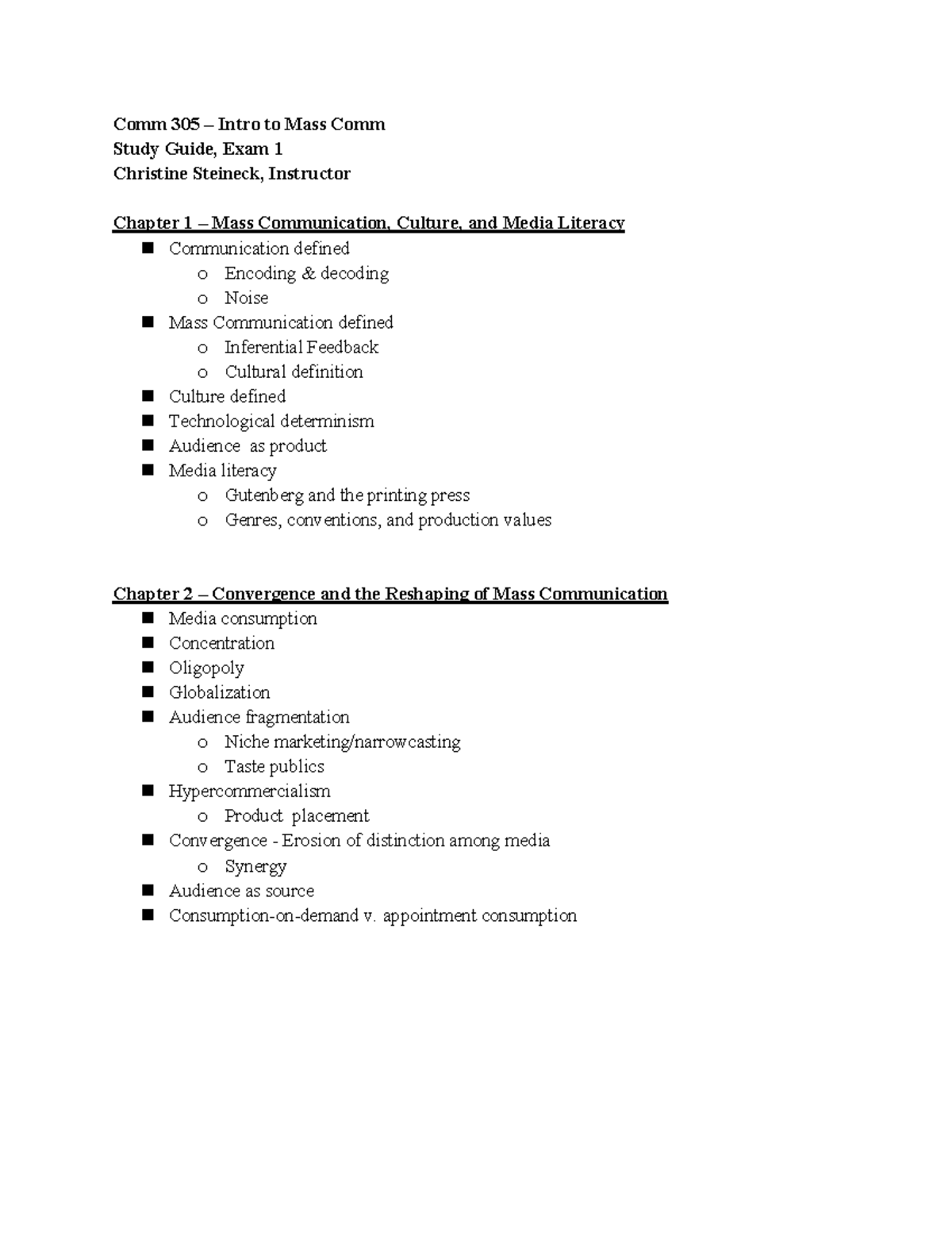 Exam One - Steineck - Comm 305 Intro to Mass Comm Study Guide, Exam 1 ...